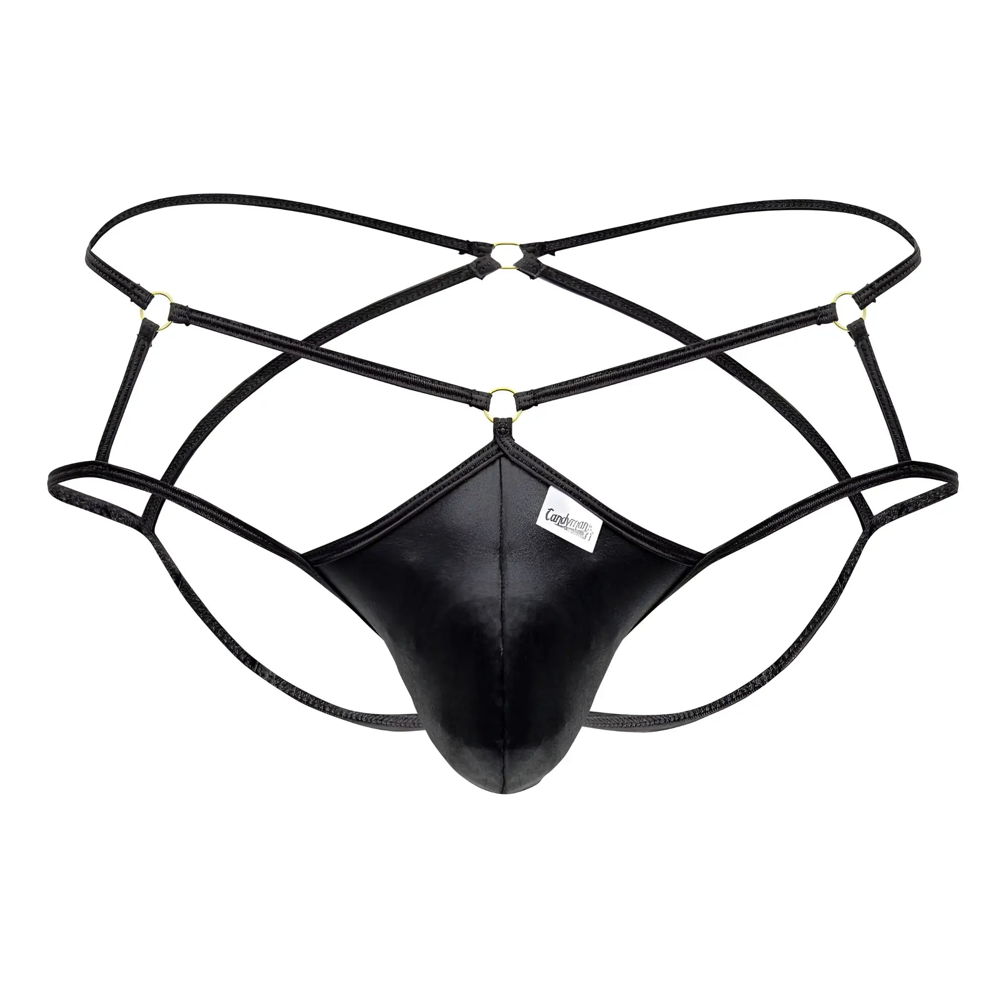 Black leather-like men’s thong with crisscross straps and metallic hardware candy man 99831 cage jockstrap