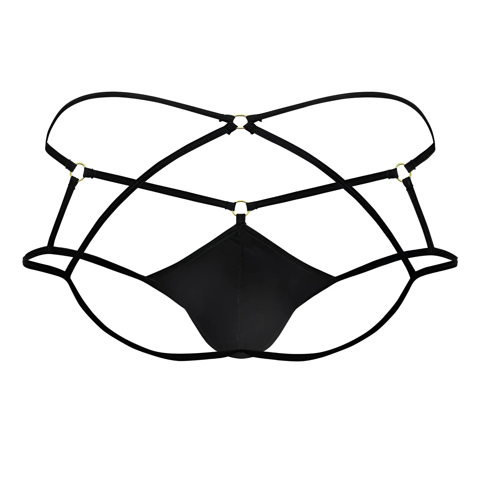 Black satin candy man 99831 cage jockstrap with crisscross elastic straps and gold metal clasps