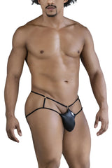 Black shiny latex thong with thin straps and gold-tone metal clasps candyMan 99831 cage jockstrap back view