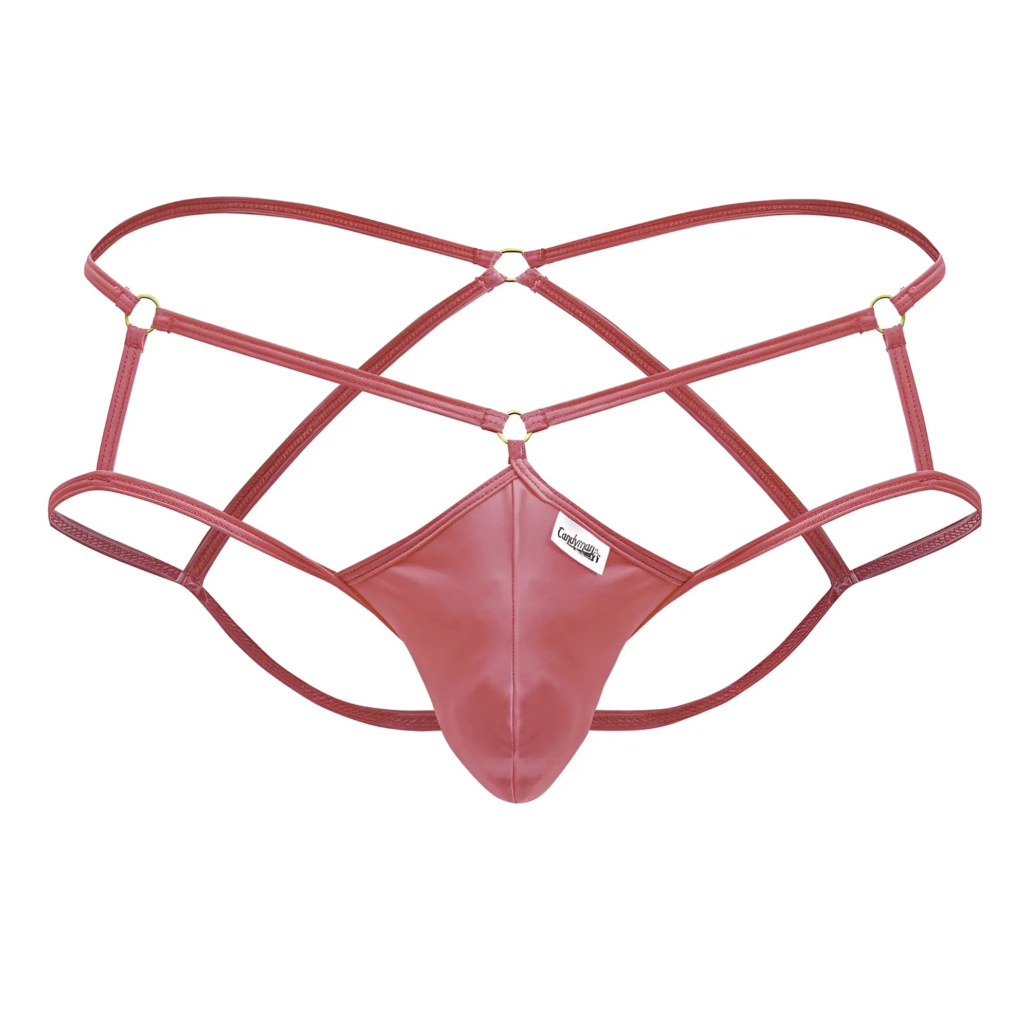 CandyMan 99831 cage jockstrap in hot pink patent leather with crisscross straps and central panel