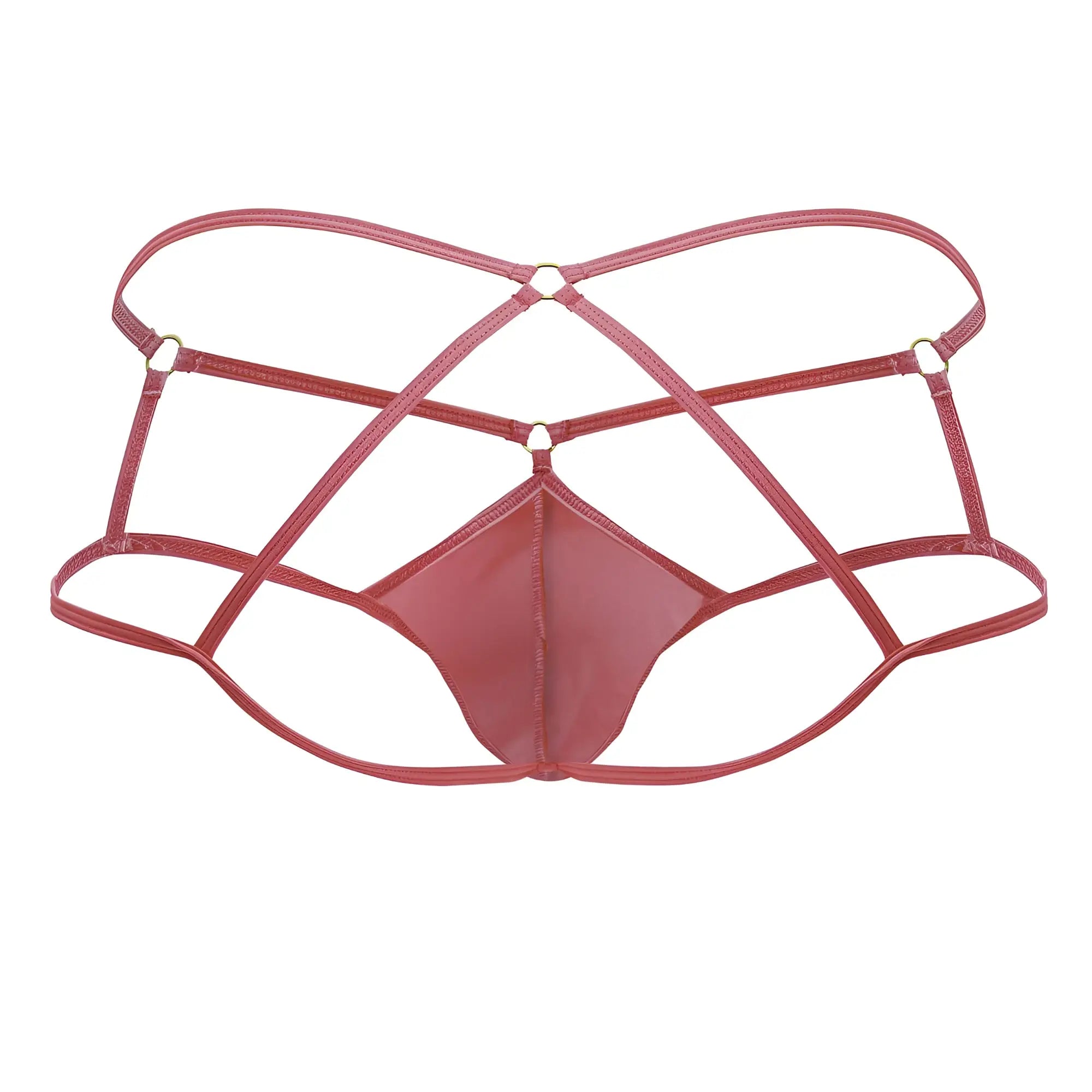 A sleek rose-colored latex thong with crisscross straps from candyman 99831 cage jockstrap color hot pink