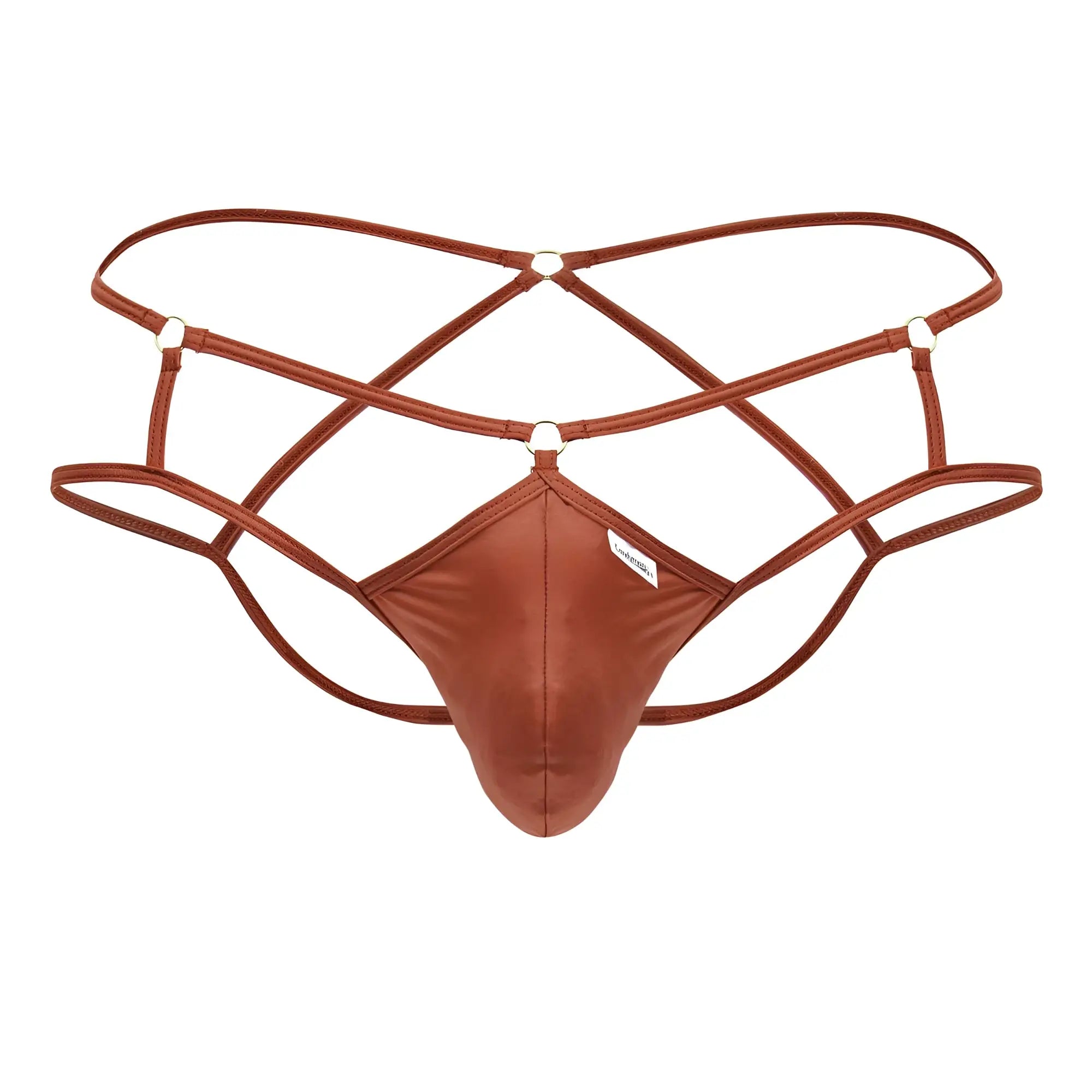 Brown satin-like thong with crisscross straps and metallic rings part of candyman 99831 cage jockstrap red collection