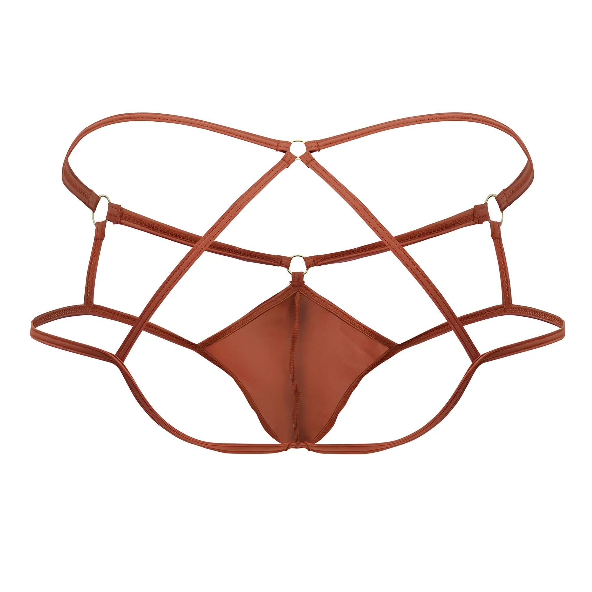 Brown strappy lace-up thong with crisscross design and metallic hardware in candyman 99831 cage jockstrap red