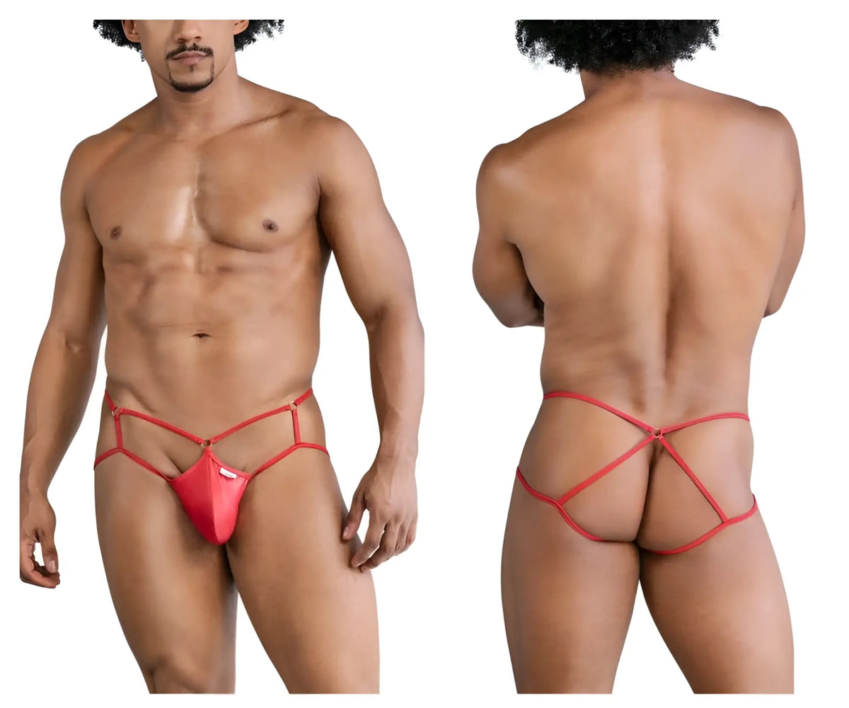 Red shiny latex candyMan 99831 cage jockstrap with crisscross design and back strap shown from the back side