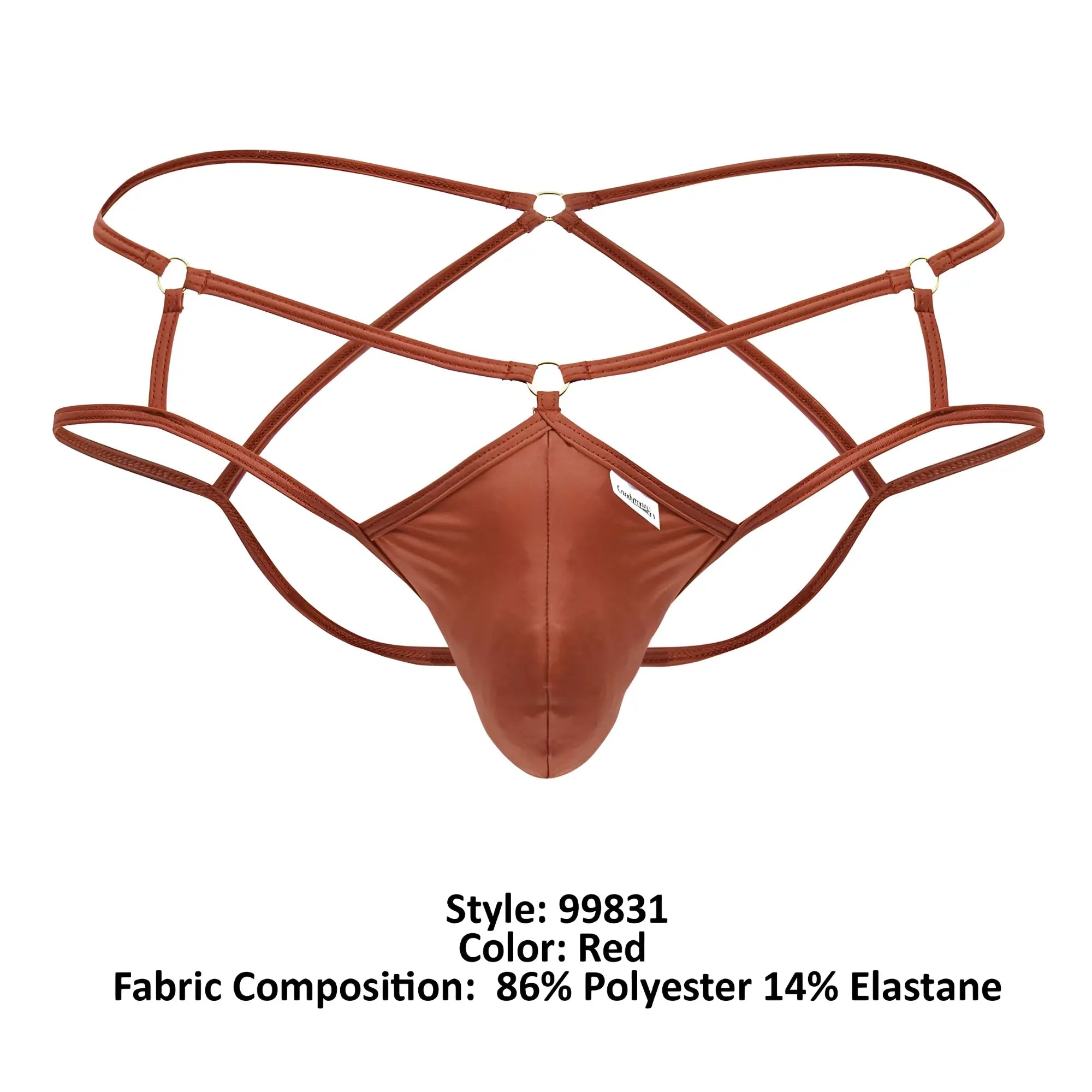 Red candyman 99831 cage jockstrap thong with crisscross design made of 86 polyester 14 elastane front view