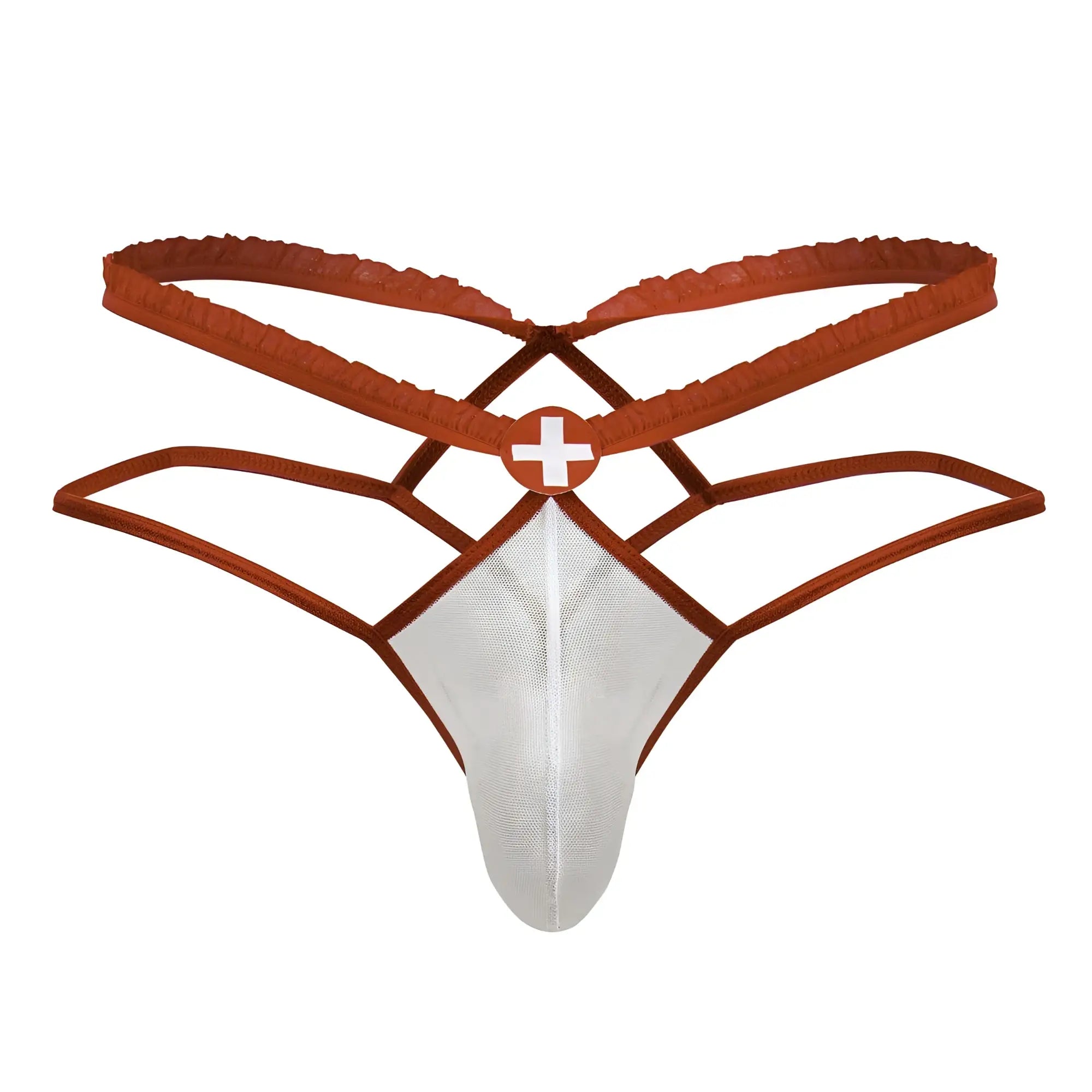 Brown and white candyman 99833 murse thong with mesh front panel and crisscross back straps shown from the back