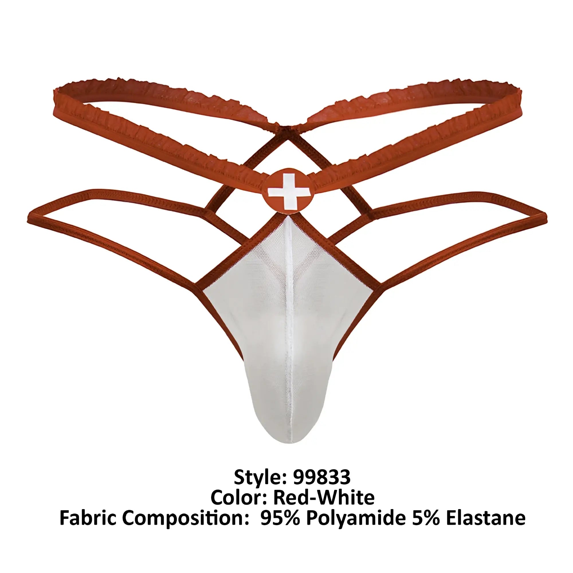 Red and white Candyman 99833 murse thong with lace trim and crisscross design for medical-themed use