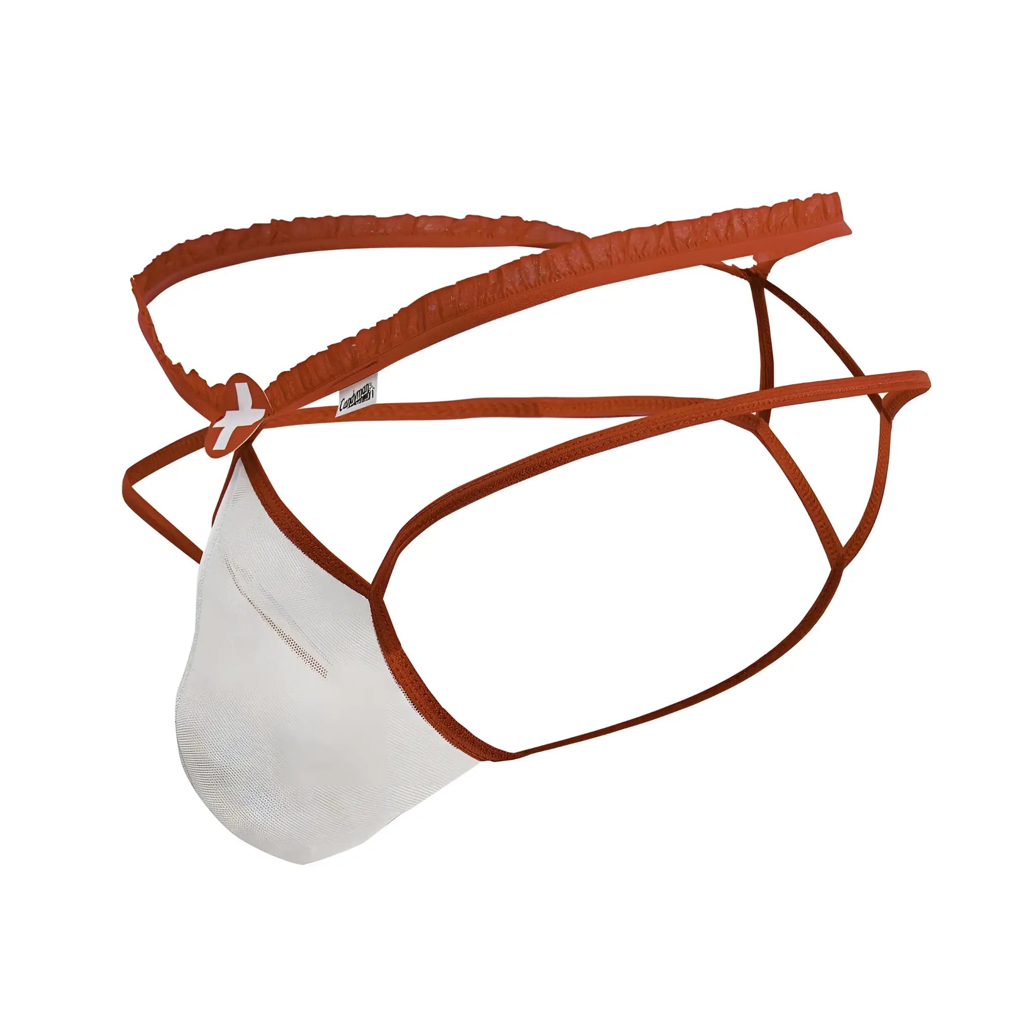 Candyman 99833 murse thong in red and white mesh with elastic straps shown from the back side