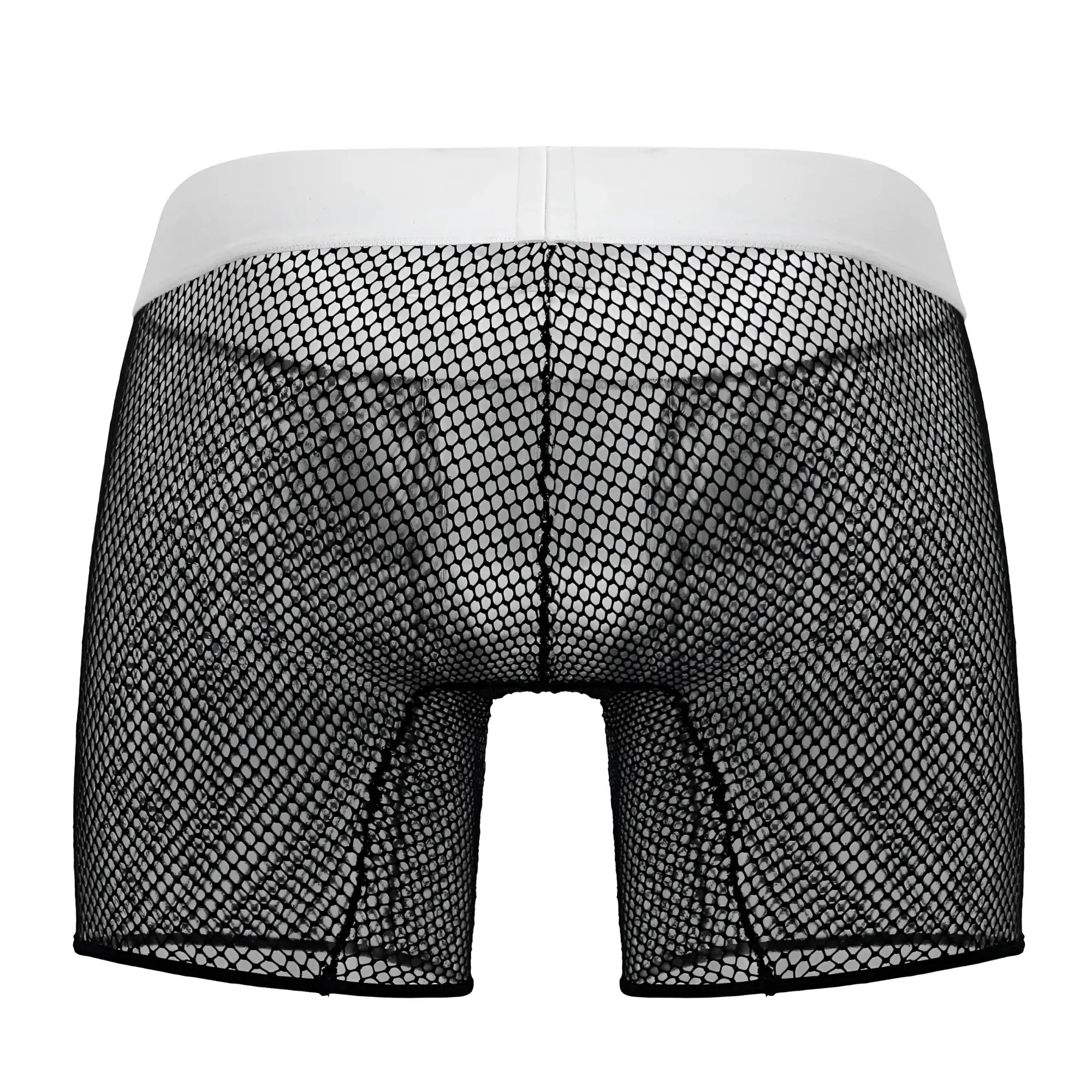Black mesh boxer briefs with white elastic waistband candy man 99834 tuxedo trunks color black front view
