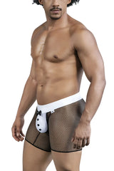 Candyman 99834 tuxedo trunks black mesh boxer briefs with white front panel black buttons and bow tie detail