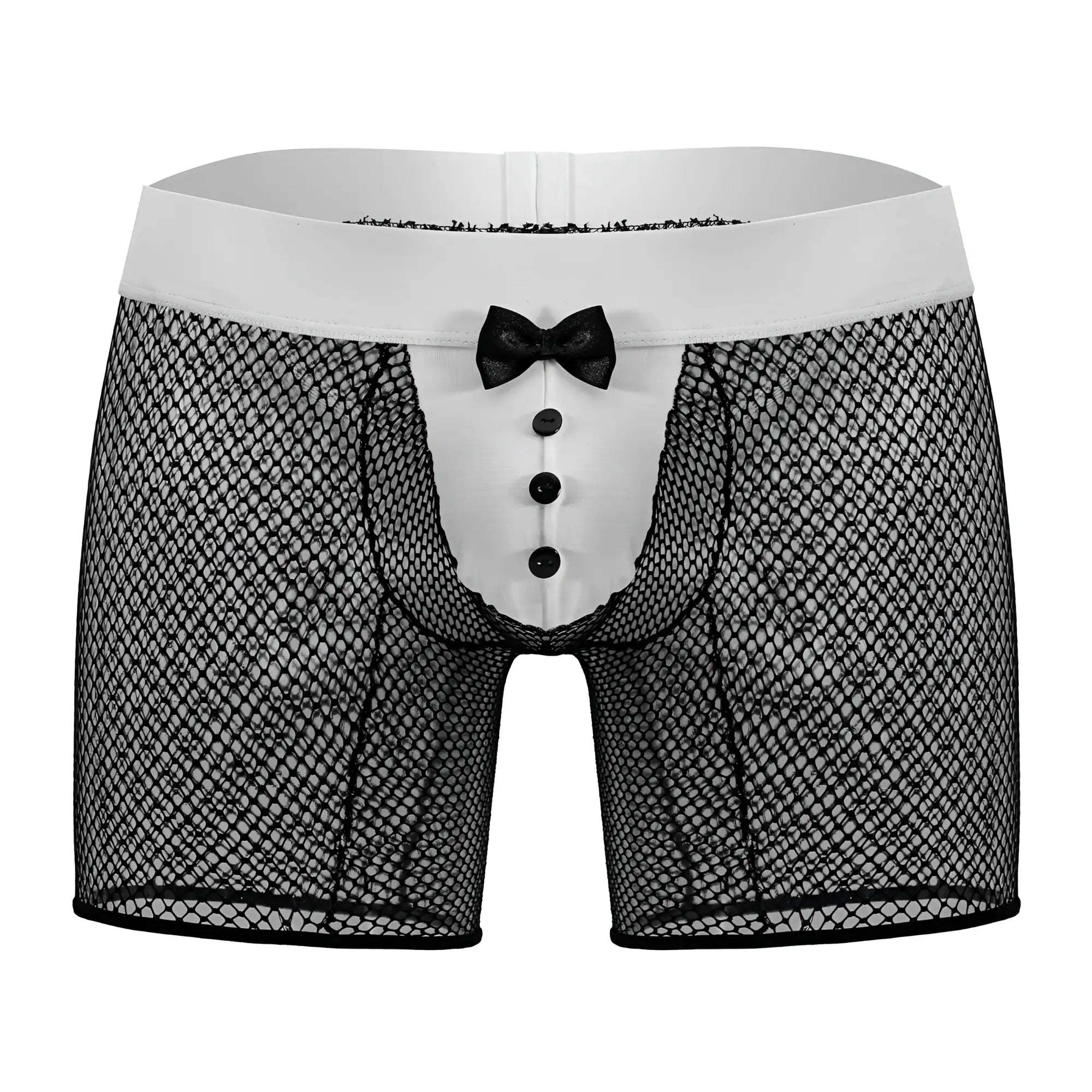 Black mesh boxer briefs candyMan 99834 tuxedo trunks with white front panel three buttons and small bow tie