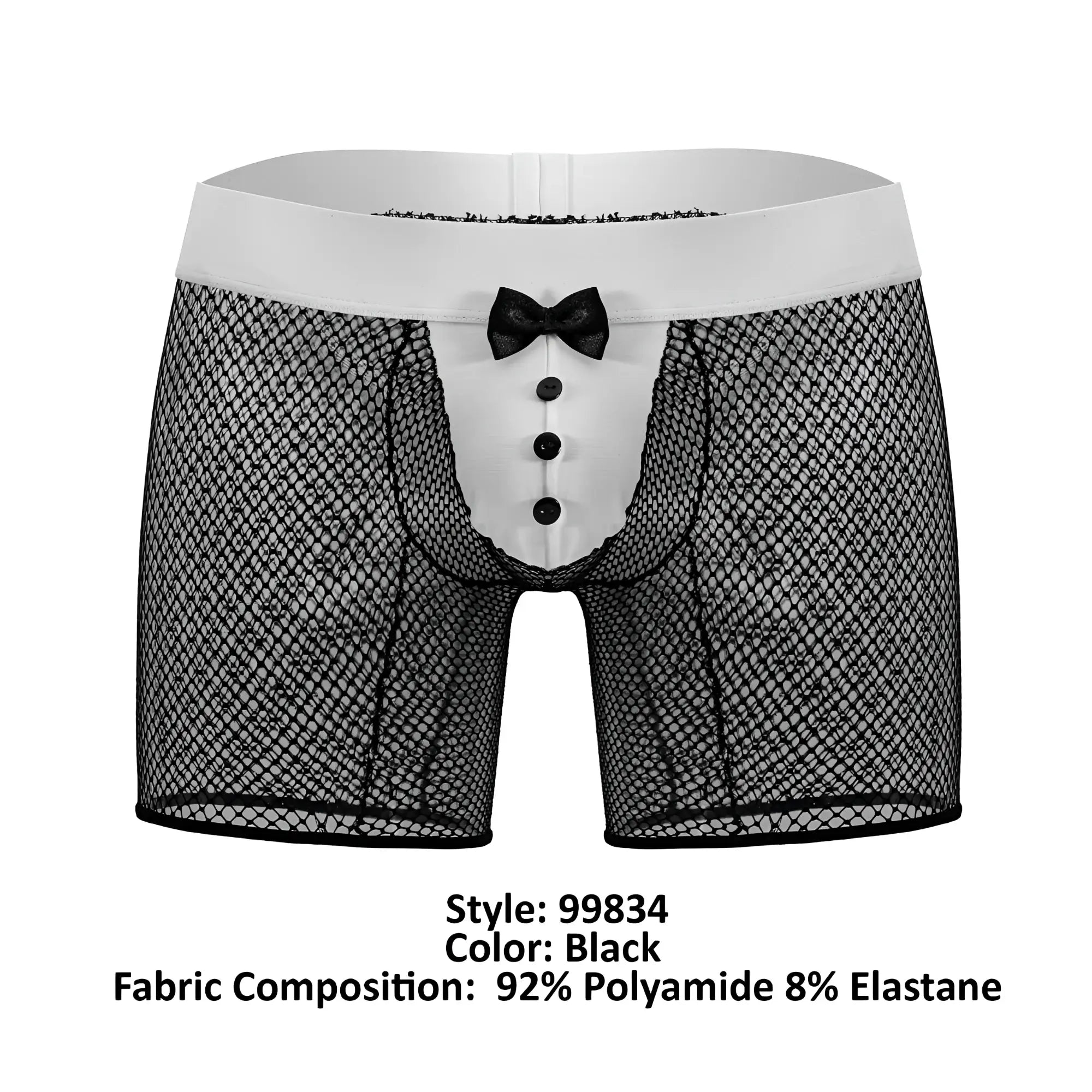 Black CandyMan 99834 tuxedo trunks boxer briefs with white waistband mesh fabric three black buttons and bow tie front detail