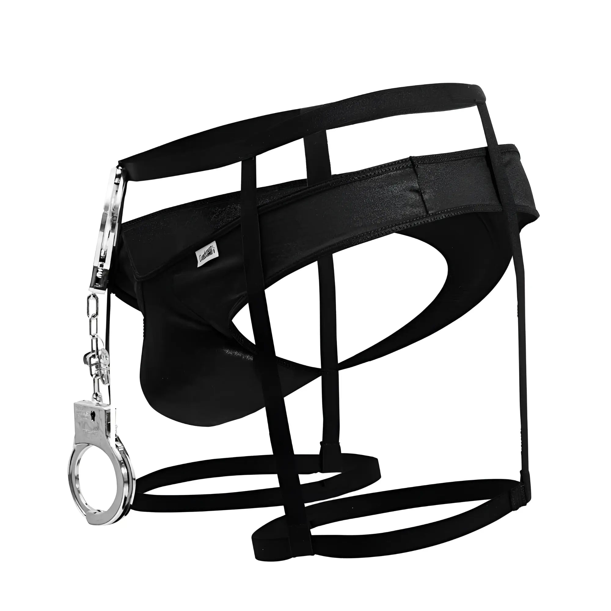 Black leather-like police outfit harness with silver handcuff attached on the side candyMan 99835 model