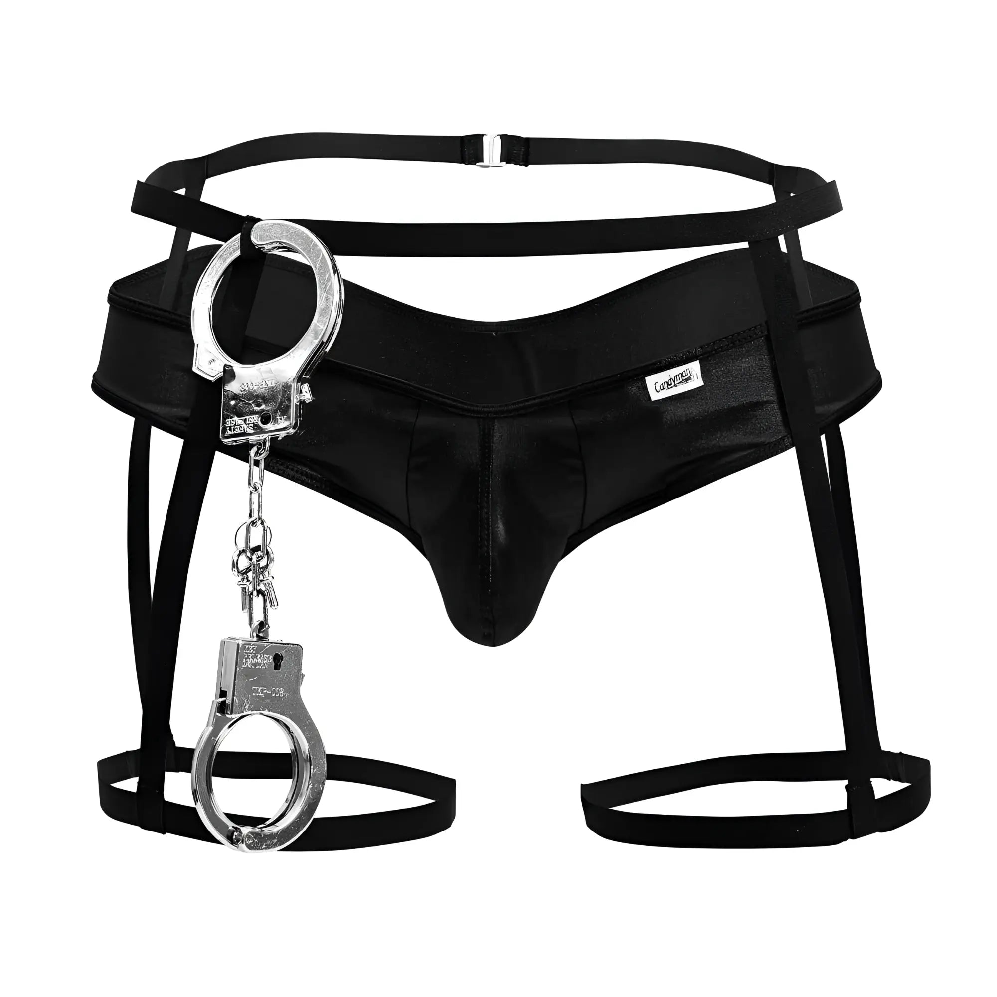Black leather-like police outfit harness with silver handcuffs dangling from the front by CandyMan 99835