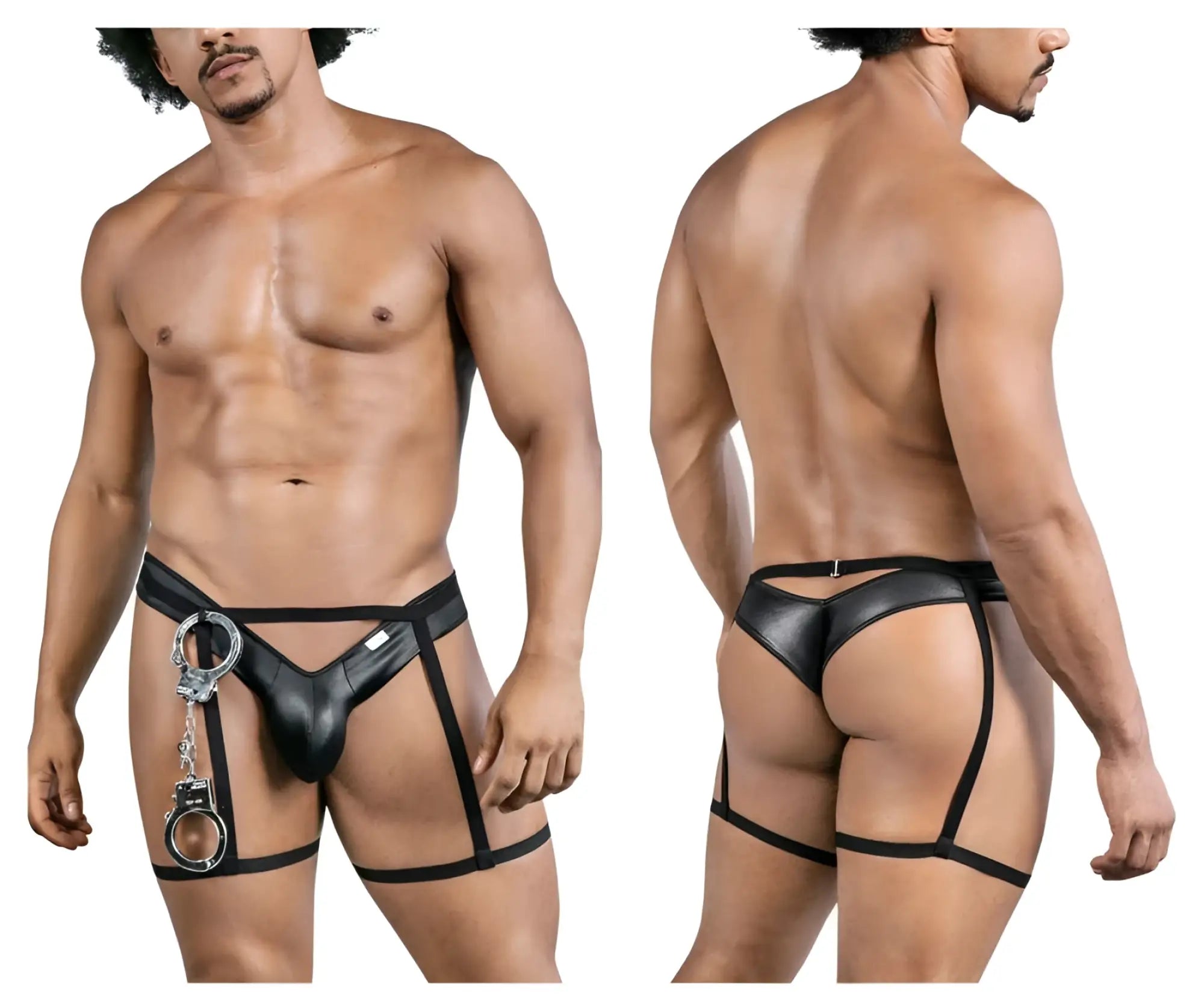 Black leather-like harness underwear with attached silver handcuffs from Candyman 99835 police outfit in black