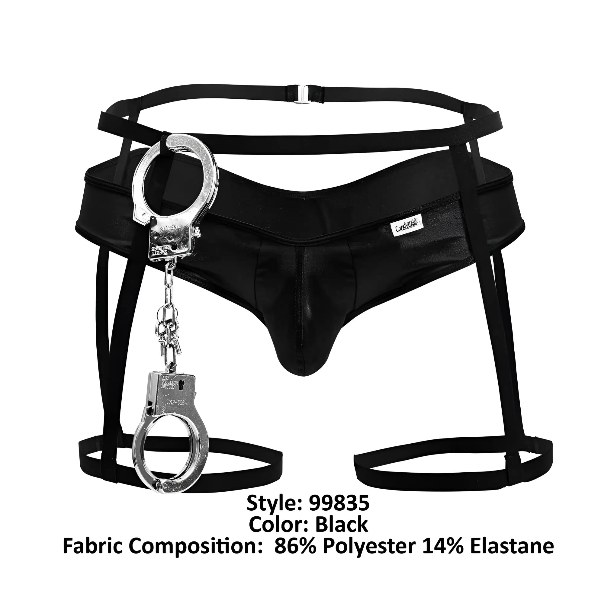 Black leather-like men’s bondage briefs with silver handcuffs front detail from Candyman 99835 police outfit in black