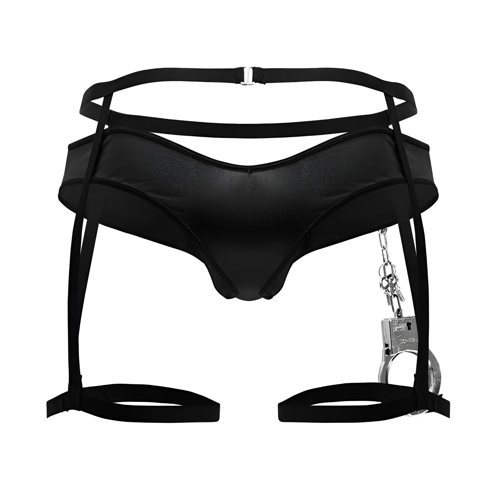 Black satin-like harness with attached silver handcuffs from candyman 99835 police outfit in color black