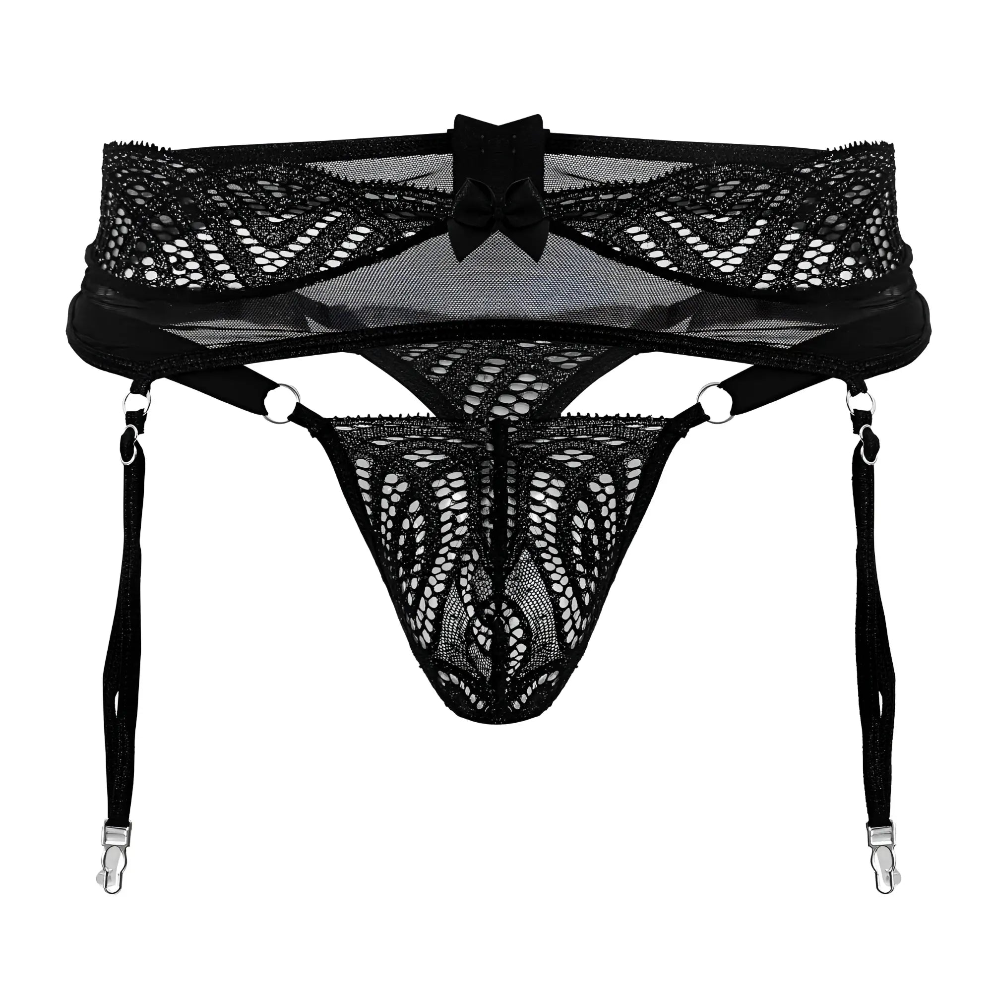 Black lace garter belt candy man 99837 with central bow and adjustable straps in black color