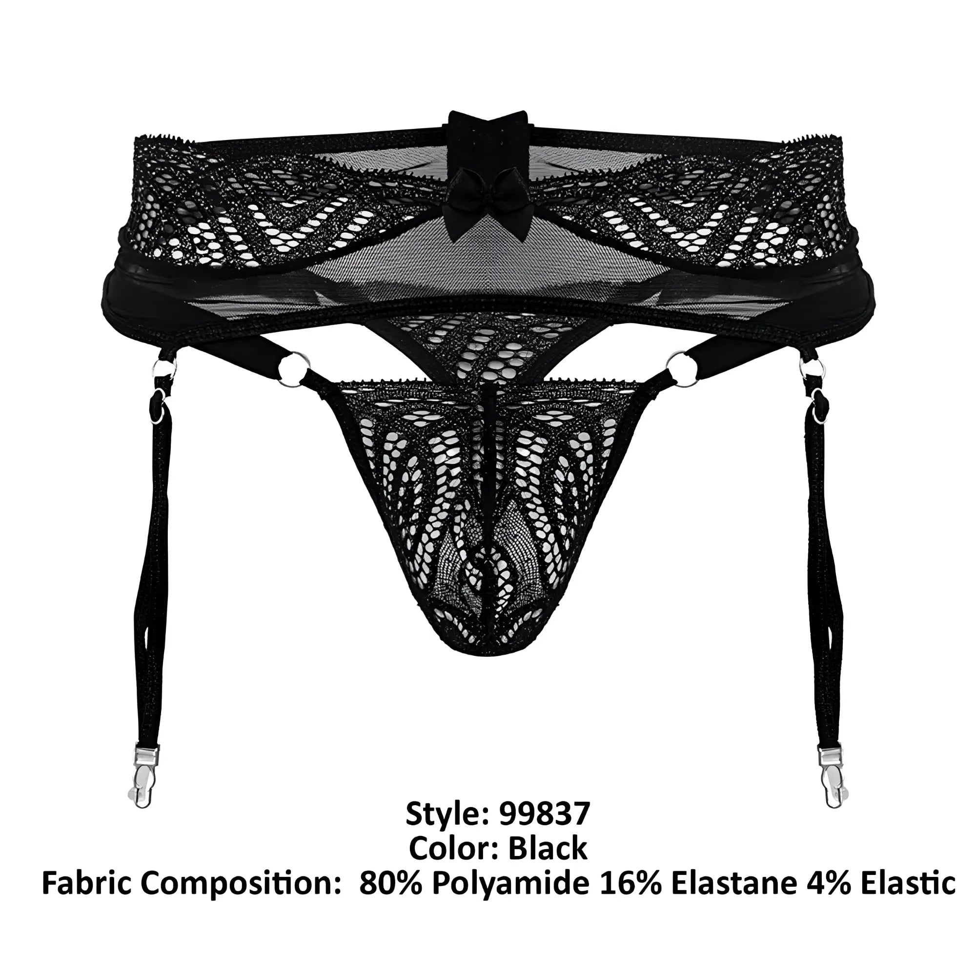 CandyMan 99837 black lace garter belt with central bow and adjustable straps for lingerie outfit