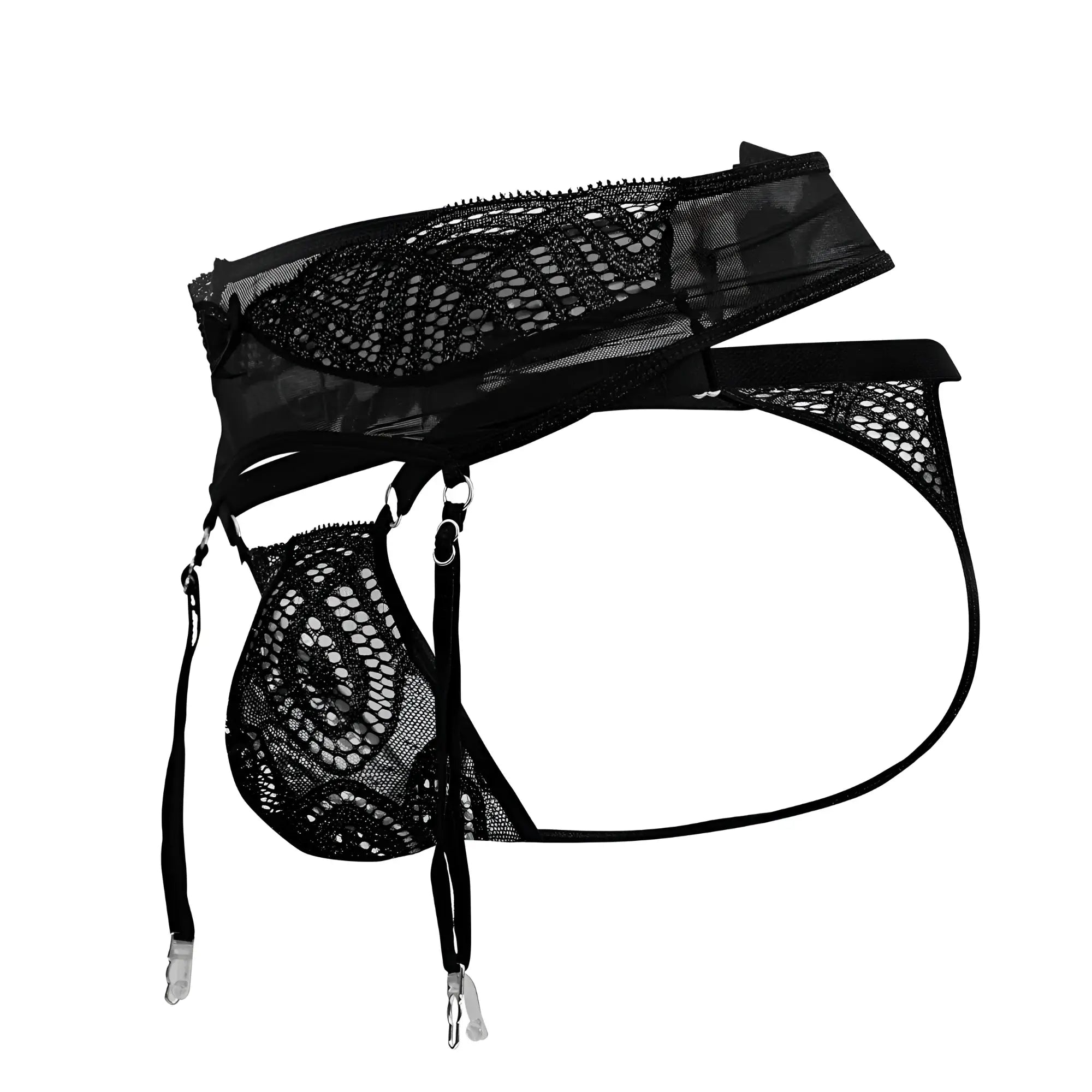 Black lace garter belt candyMan 99837 with mesh panels and adjustable straps in black color