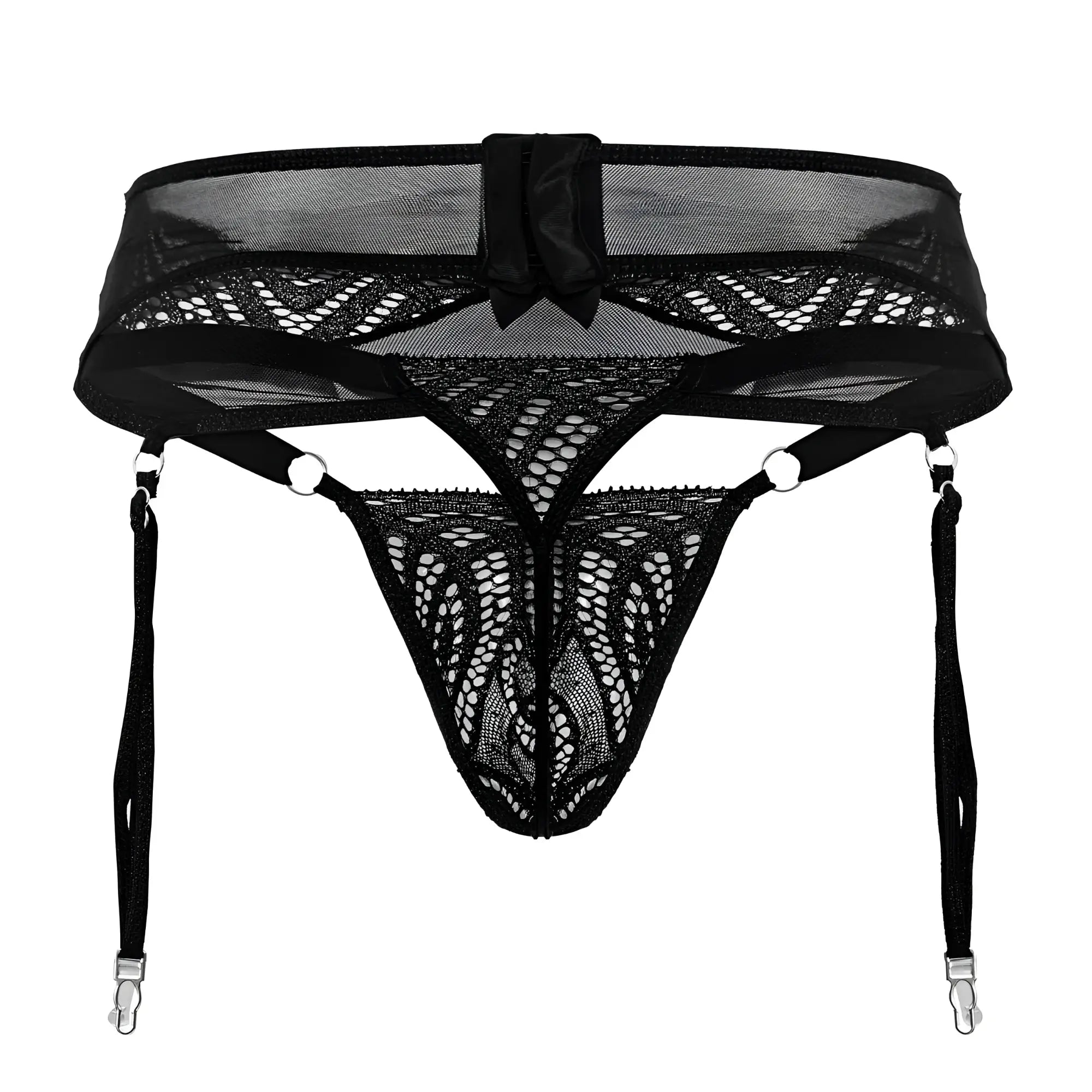 CandyMan 99837 black lace garter belt with mesh and bow detail for lingerie outfit use