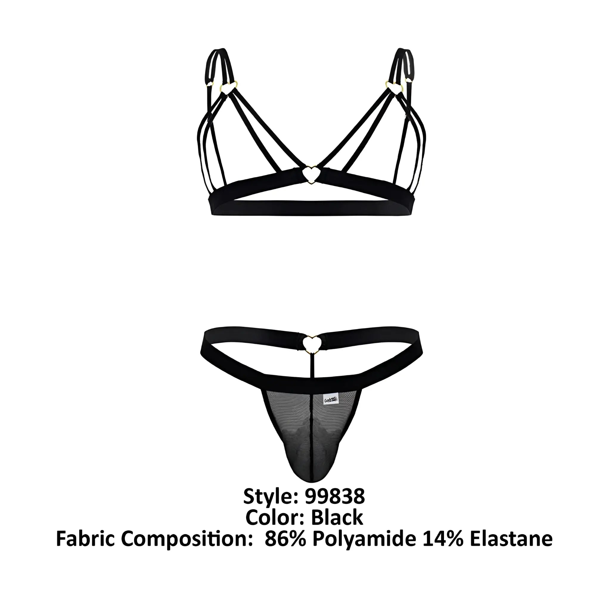 Black lace-trimmed thong with heart-shaped metal clasps and mesh panel from candyman 99838 two piece outfit black