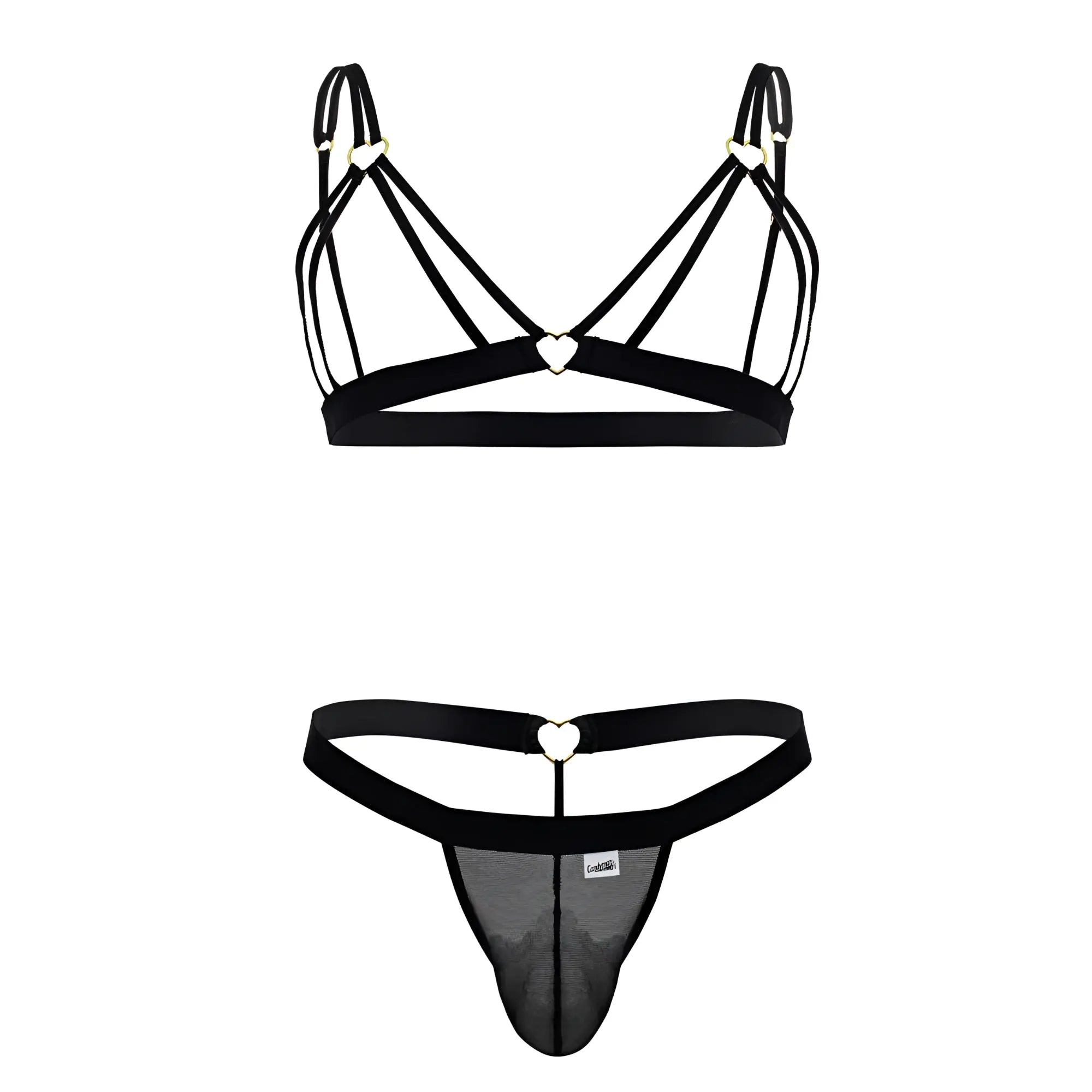 Black lace-trimmed thong with heart-shaped metal accents and mesh paneling from candyman 99838 two piece outfit