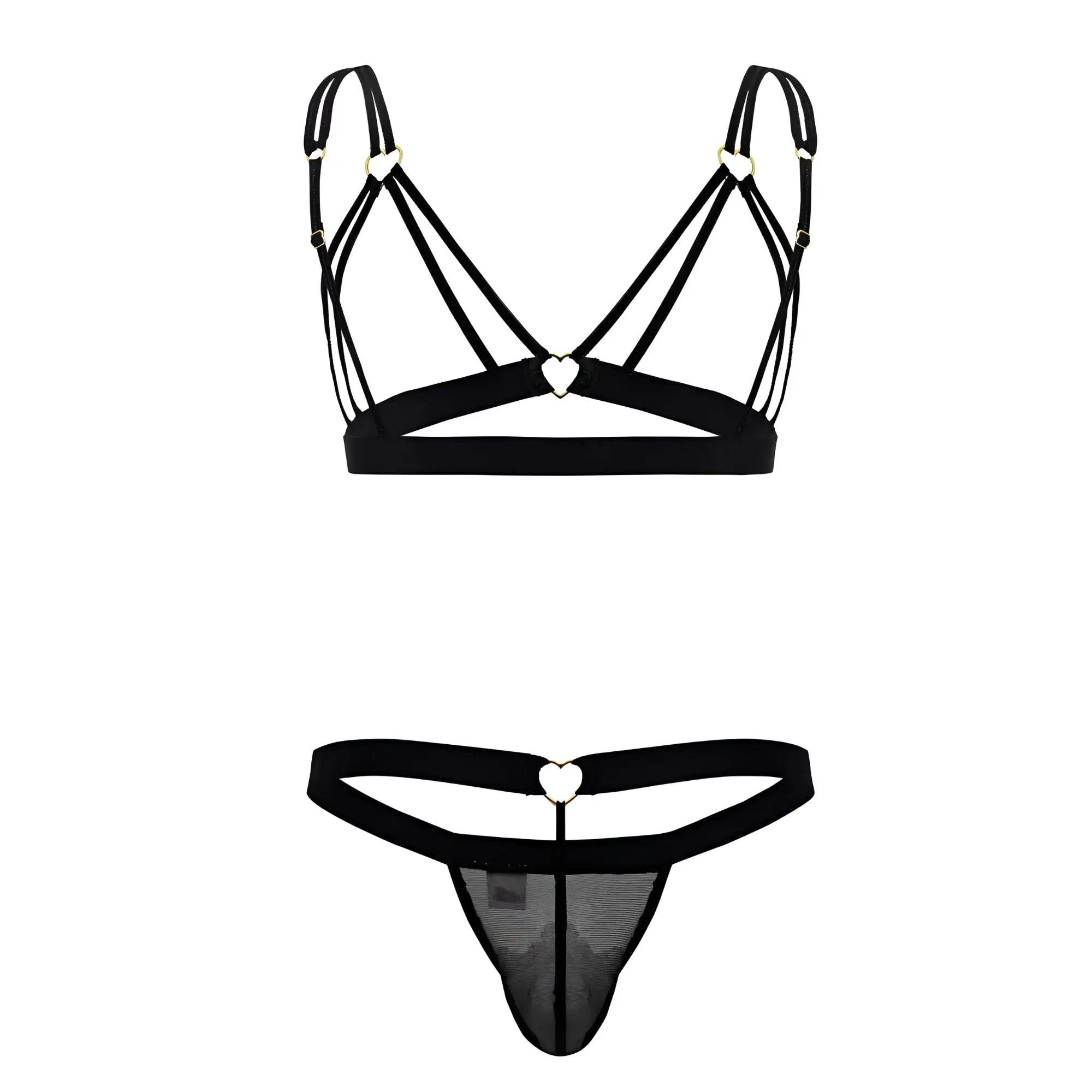 CandyMan 99838 black two piece outfit with lace-trimmed thong, heart-shaped metal clasp, and matching bra set