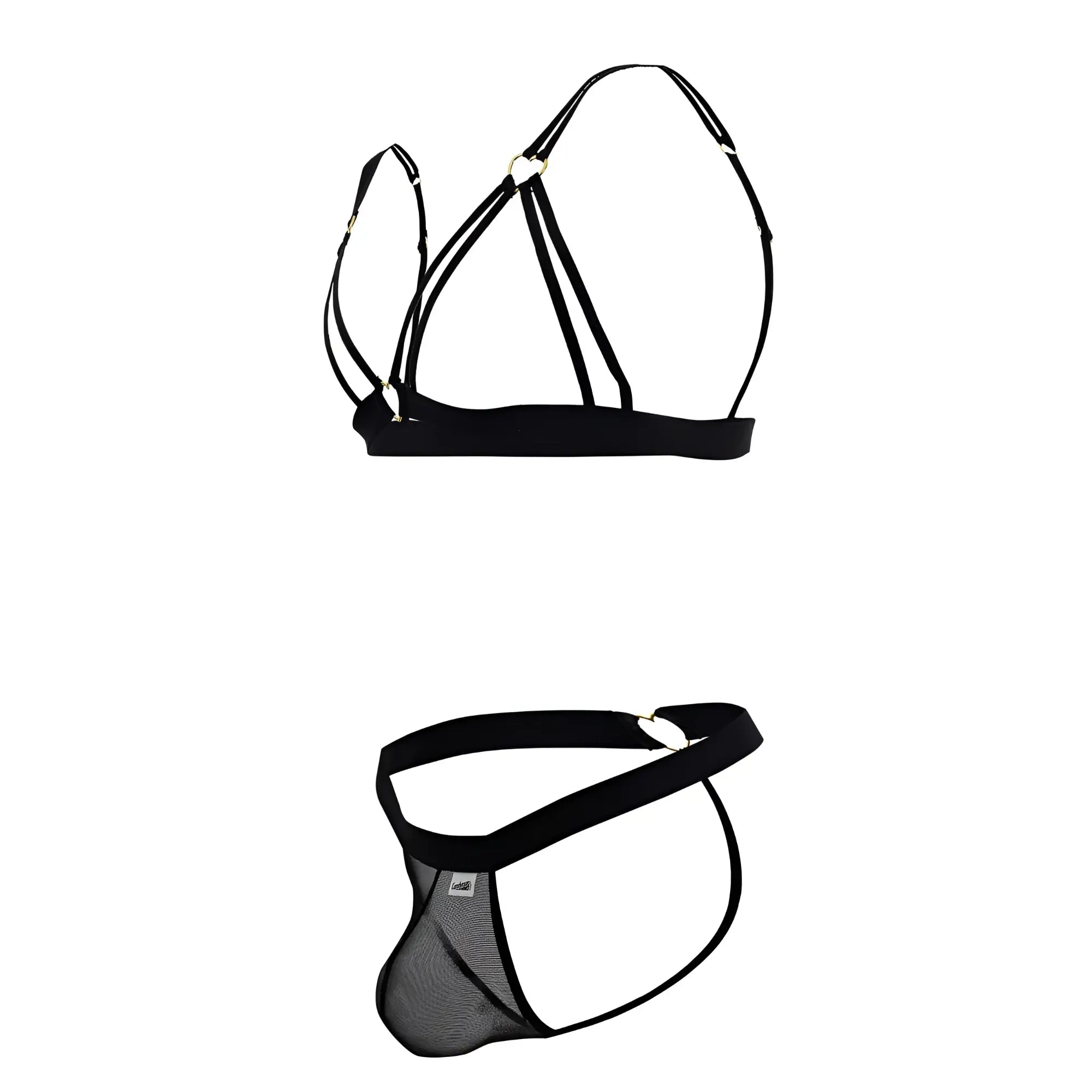 Black mesh two piece lingerie set with elastic strap and heart shaped metal clasp from CandyMan 99838