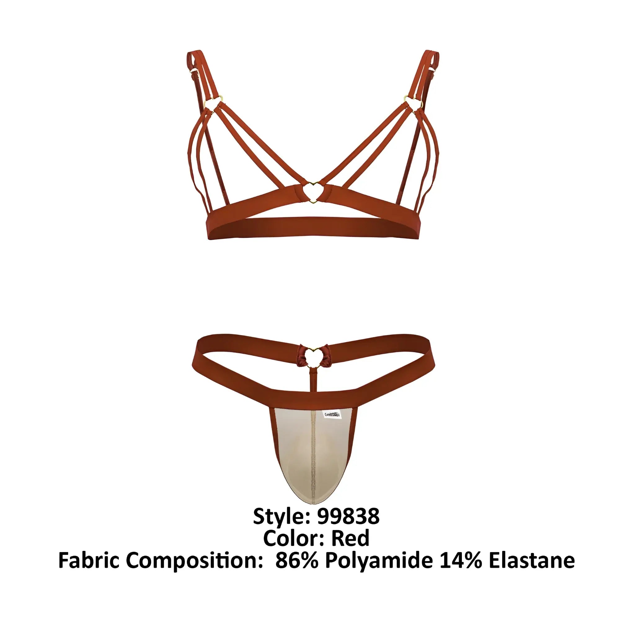 Red bra and thong two piece outfit by candyman featuring heart-shaped metal clasps in vibrant red color