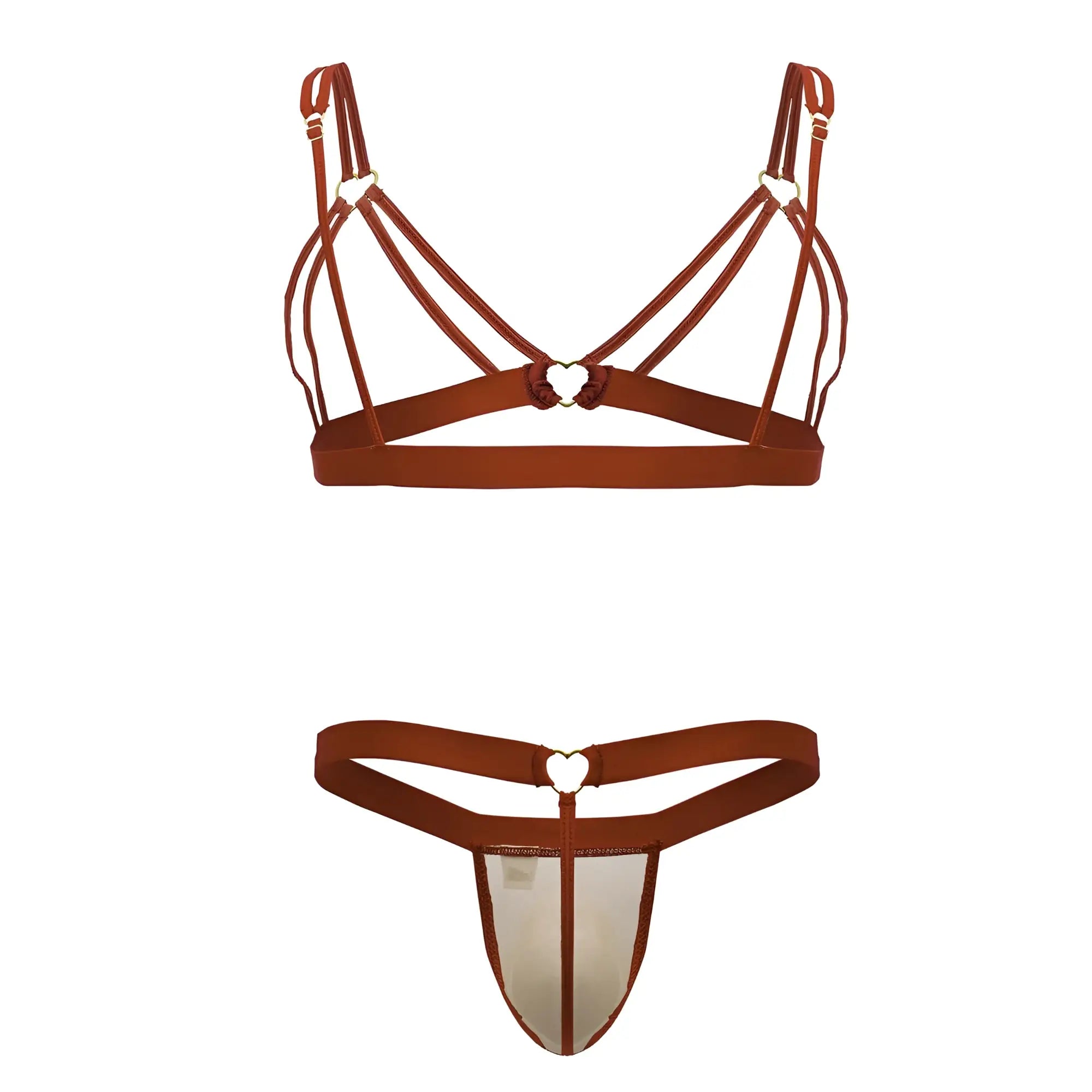 CandyMan 99838 two piece red leather-like bra and thong set with heart-shaped metal clasps