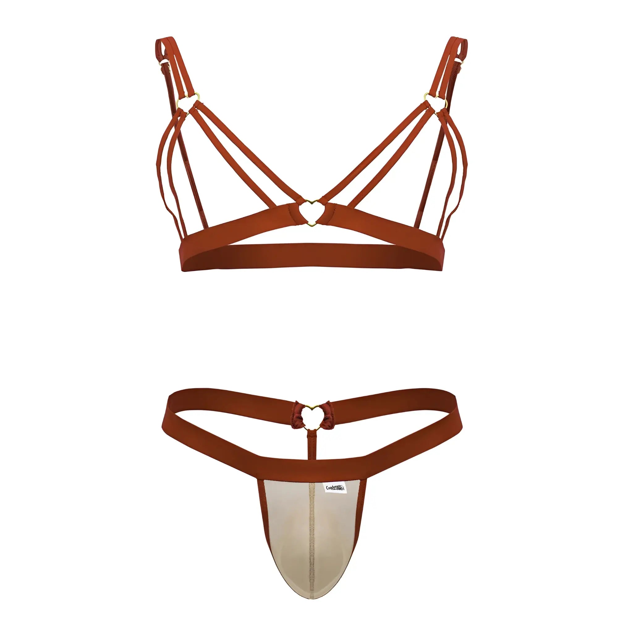Rust-colored candyMan 99838 two piece bra and thong set with heart-shaped metal accents and strappy design
