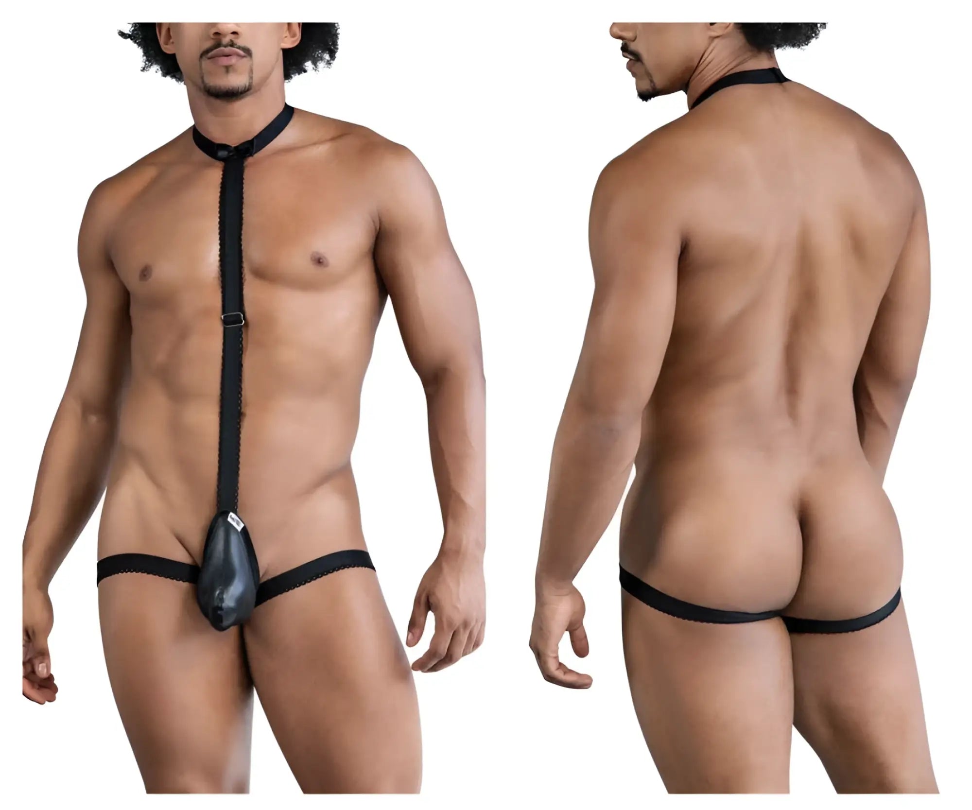 Candyman 99839 black tie thongs in black featuring a leather-like harness with central pouch and adjustable straps