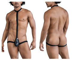 Candyman 99839 black tie thongs in black featuring a leather-like harness with central pouch and adjustable straps
