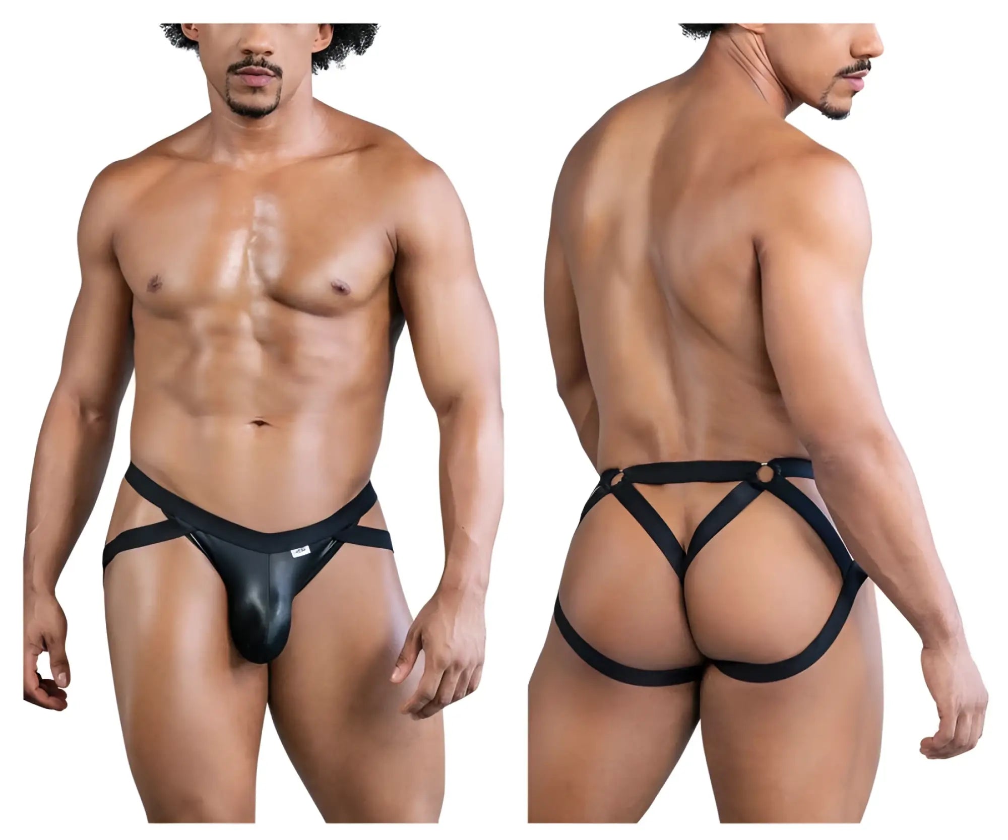 Black leather-like harness-style briefs with crisscross straps and central pouch candyMan 99840 thongs black