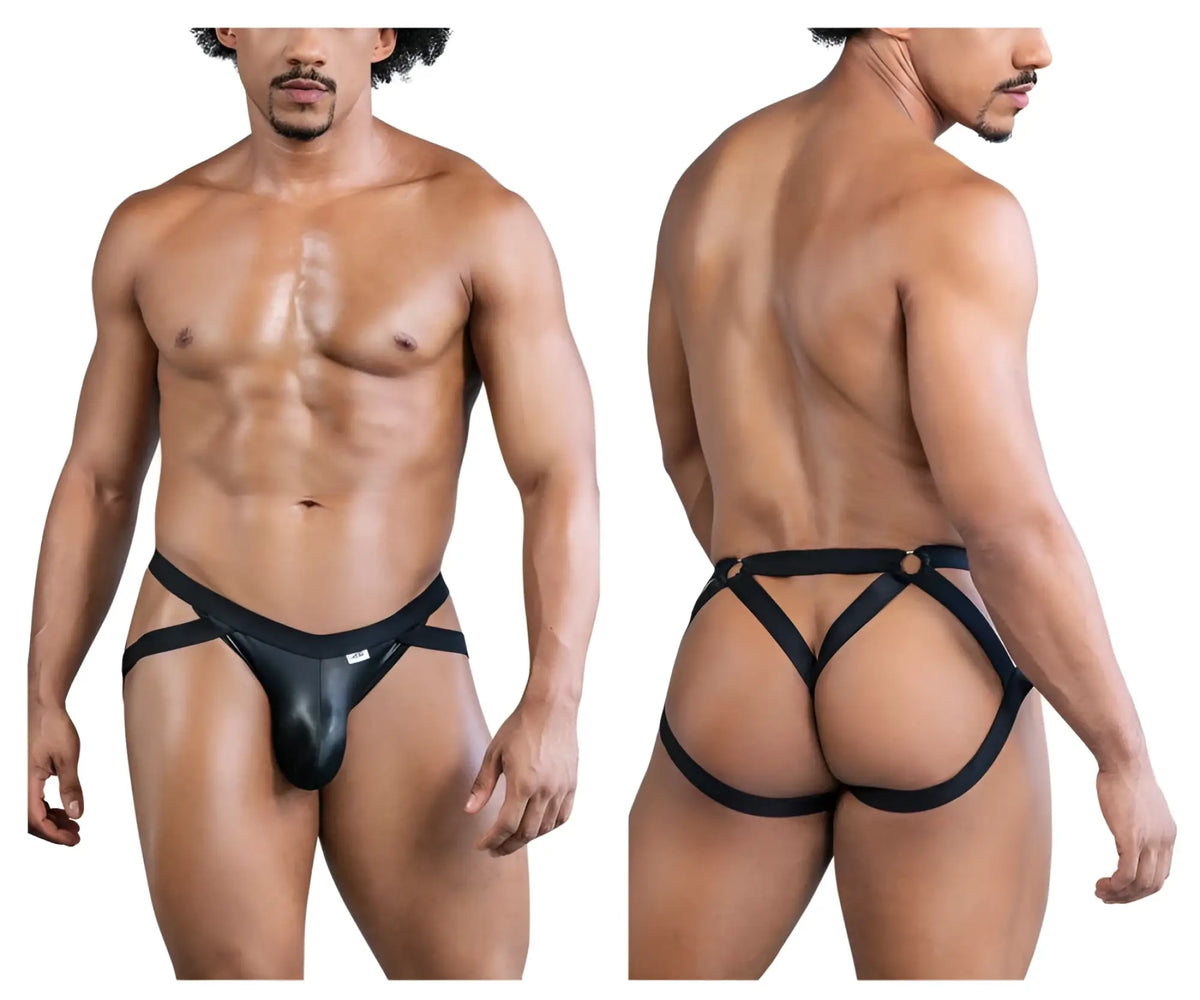 Black leather-like harness-style briefs with crisscross straps and central pouch candyMan 99840 thongs black