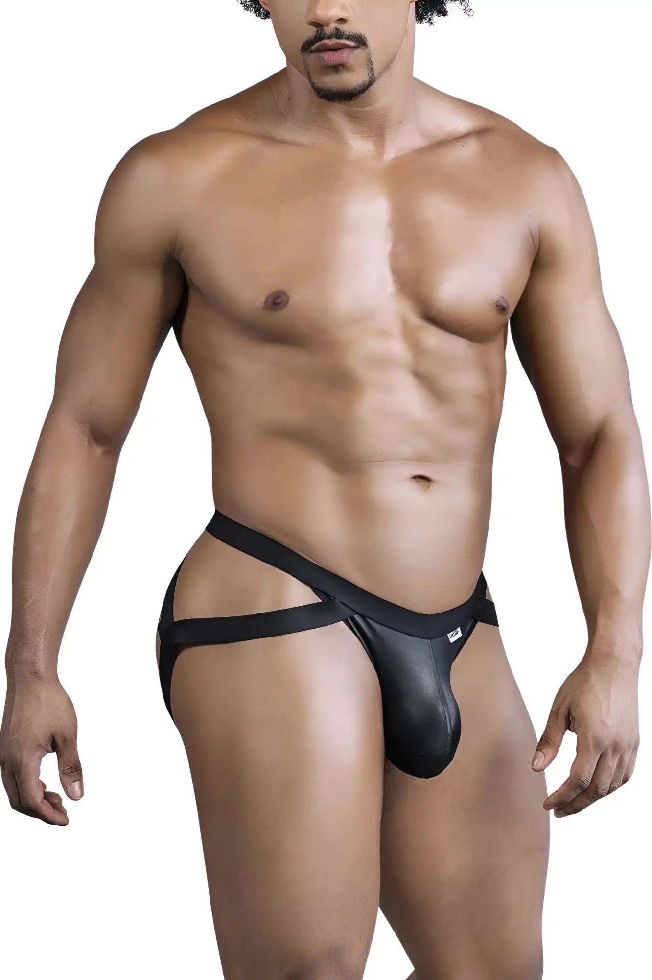 Black leather-like crisscross thong with sleek form-fitting design and small brand tag on waistband by candyman