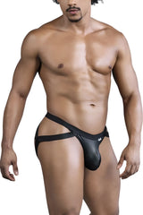 Black leather-like crisscross thong with sleek form-fitting design and small brand tag on waistband by candyman