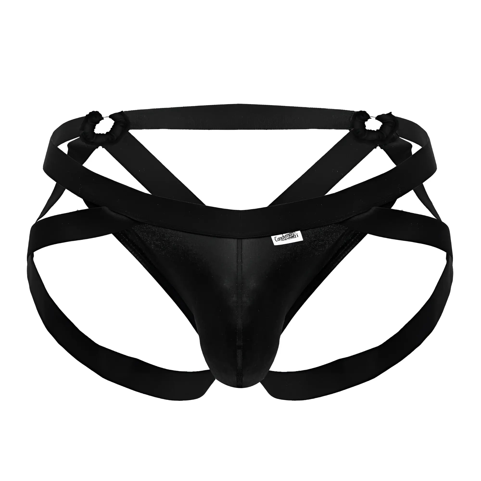 Black satin-like candyMan 99840 crisscross thongs with elastic straps and branded tag showing front view