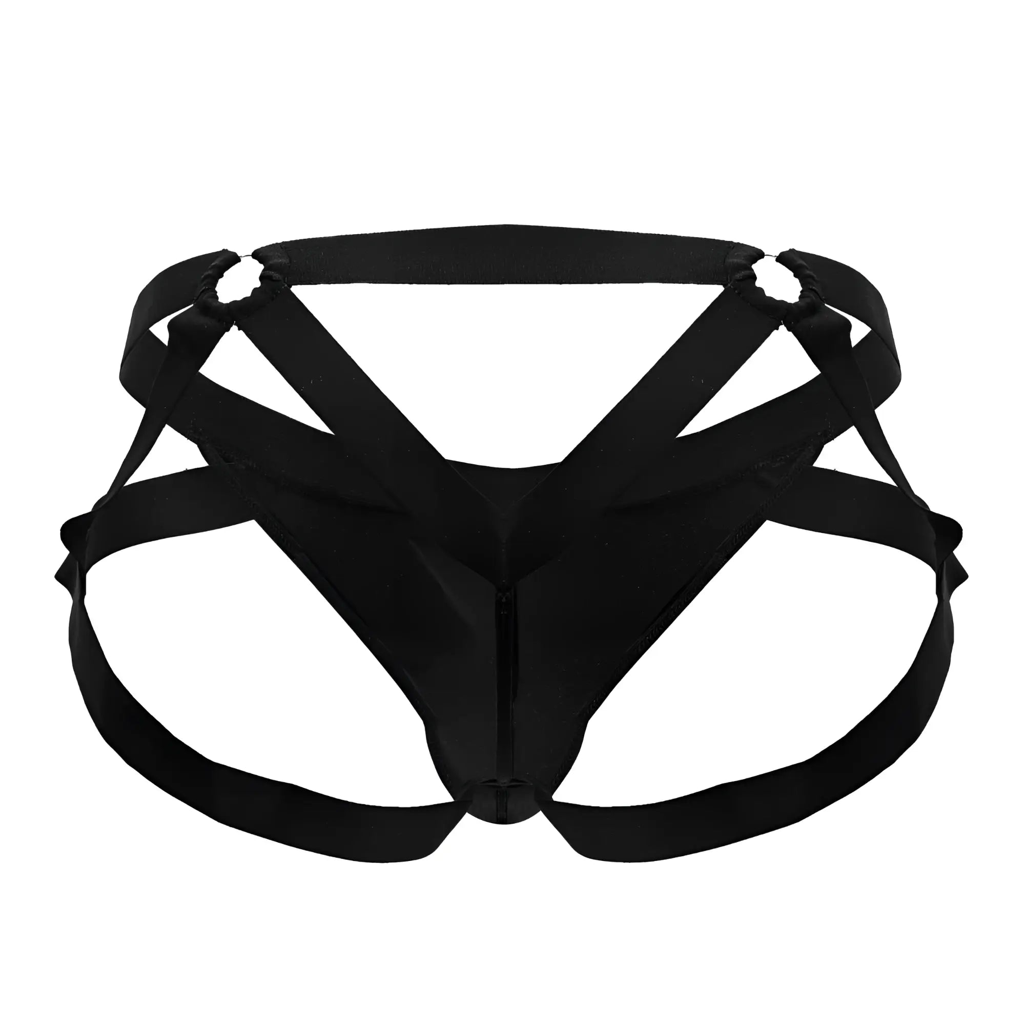 CandyMan 99840 black satin harness-style briefs with central zipper and adjustable straps in crisscross design