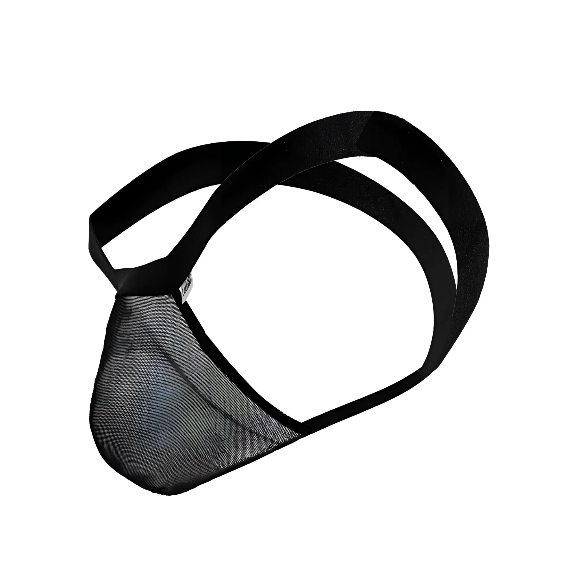 Black mesh CandyMan 99841 thongs with elastic straps showing the back side design of the briefs