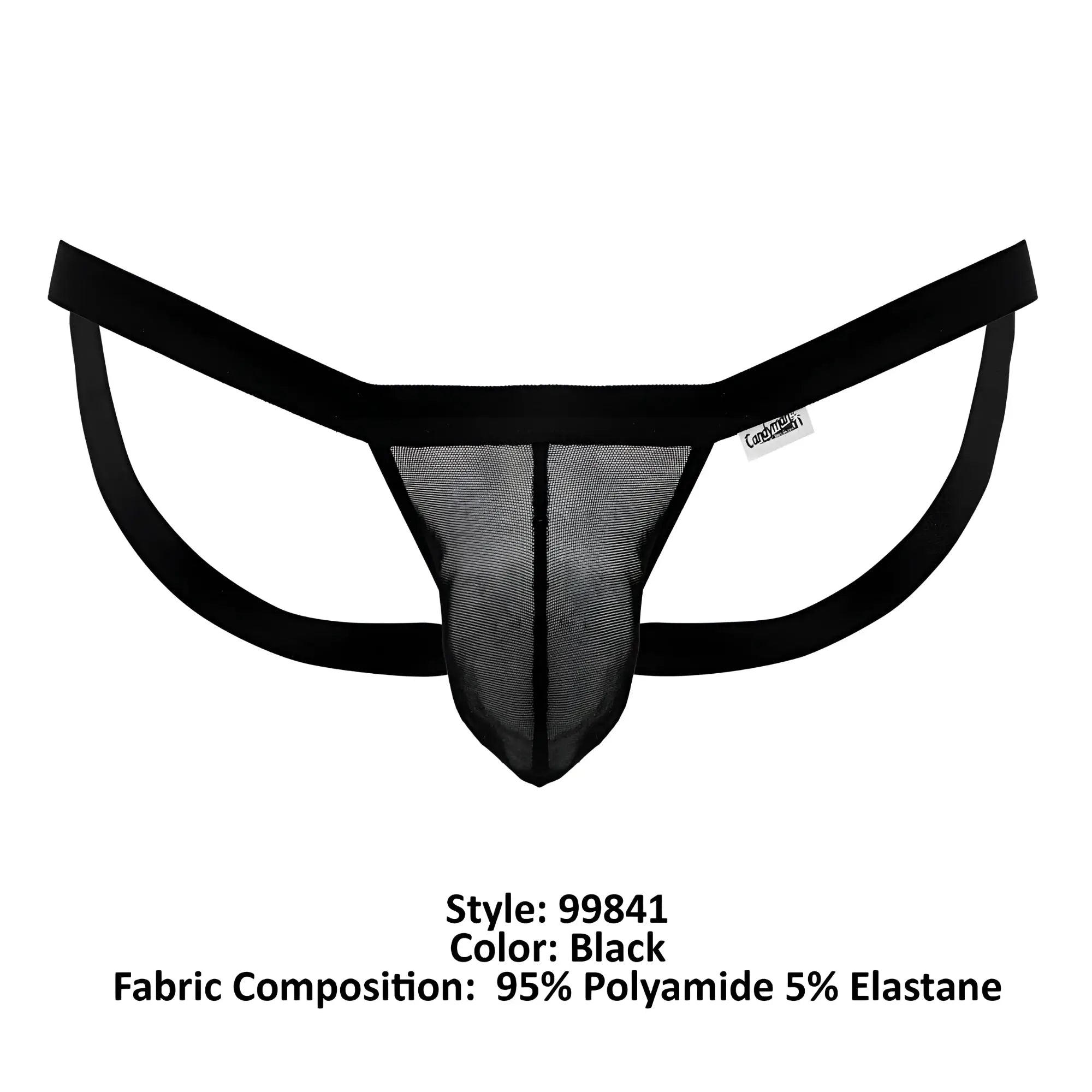 Black mesh thong with solid black elastic waistband and leg straps from candyman 99841 collection
