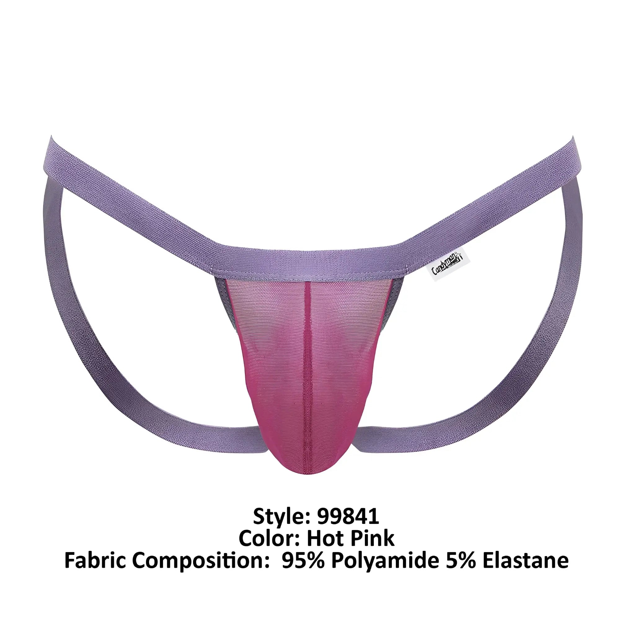CandyMan 99841 mesh thong in hot pink and purple with mesh front panel made of 95 polyamide 5 elastane