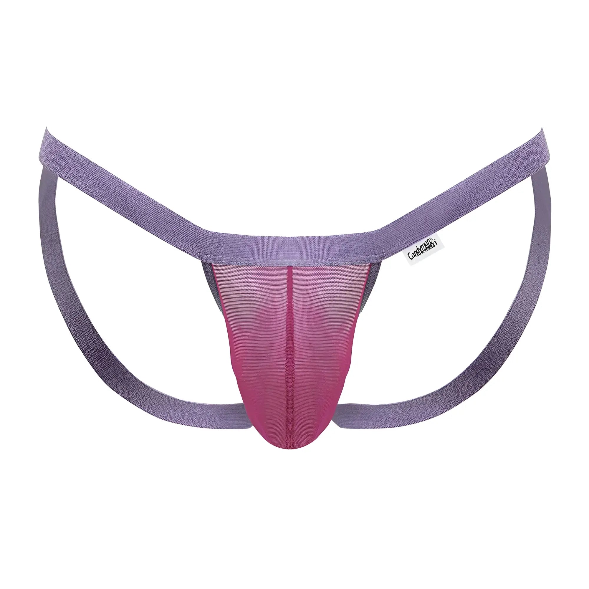 Purple and pink mesh thong with wide elastic straps from candyman 99841 in hot pink color front side view