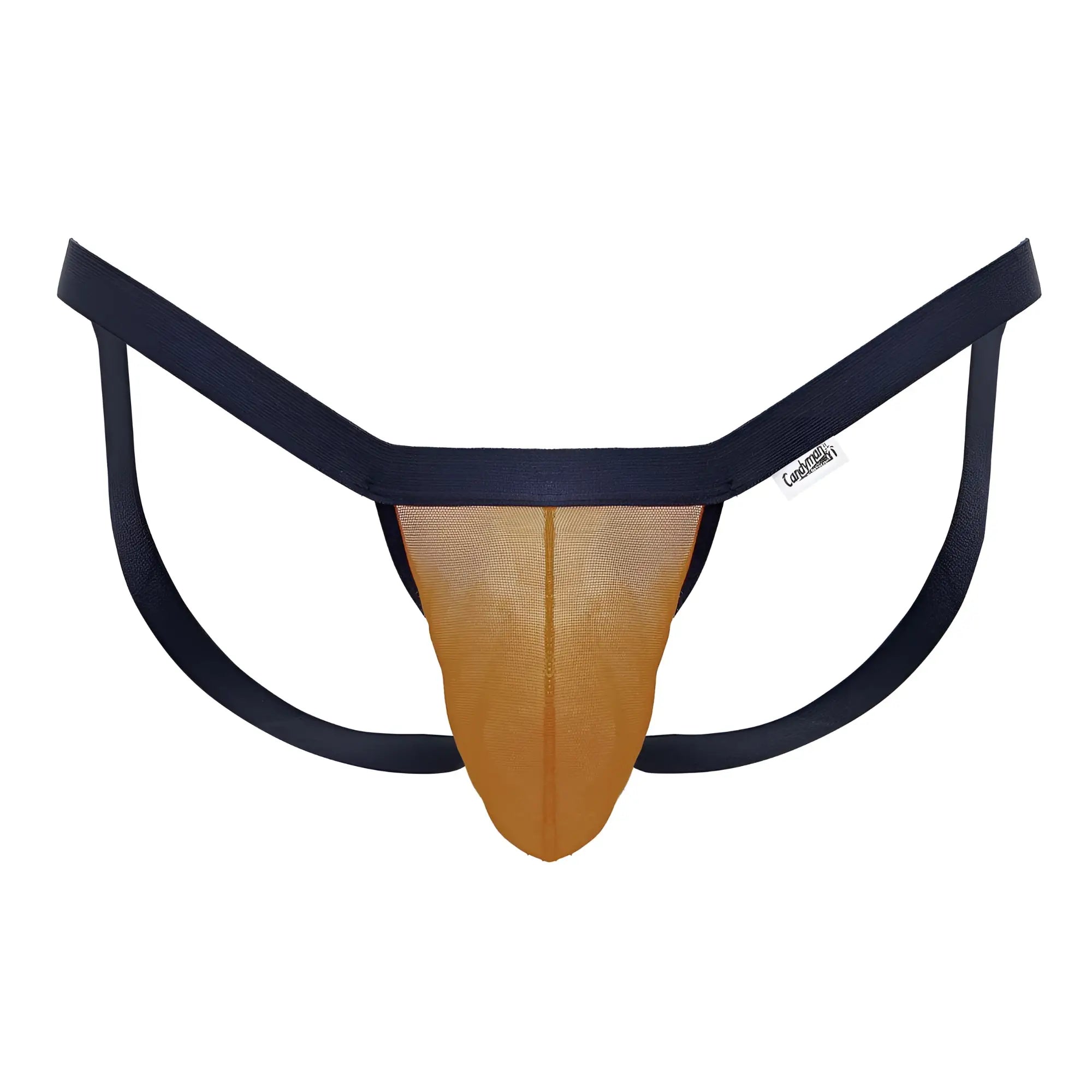 Navy blue and gold CandyMan 99841 mesh thong with branded tag in orange color showing front side details
