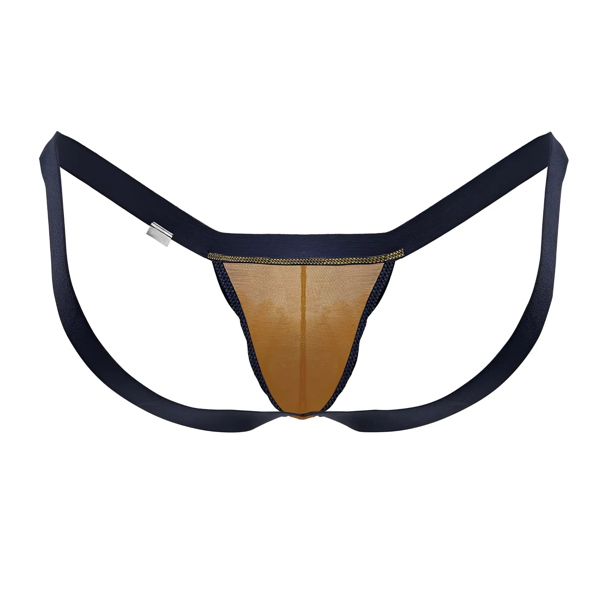 Navy blue and tan CandyMan 99841 mesh thong with elastic straps in orange color shown from the back side