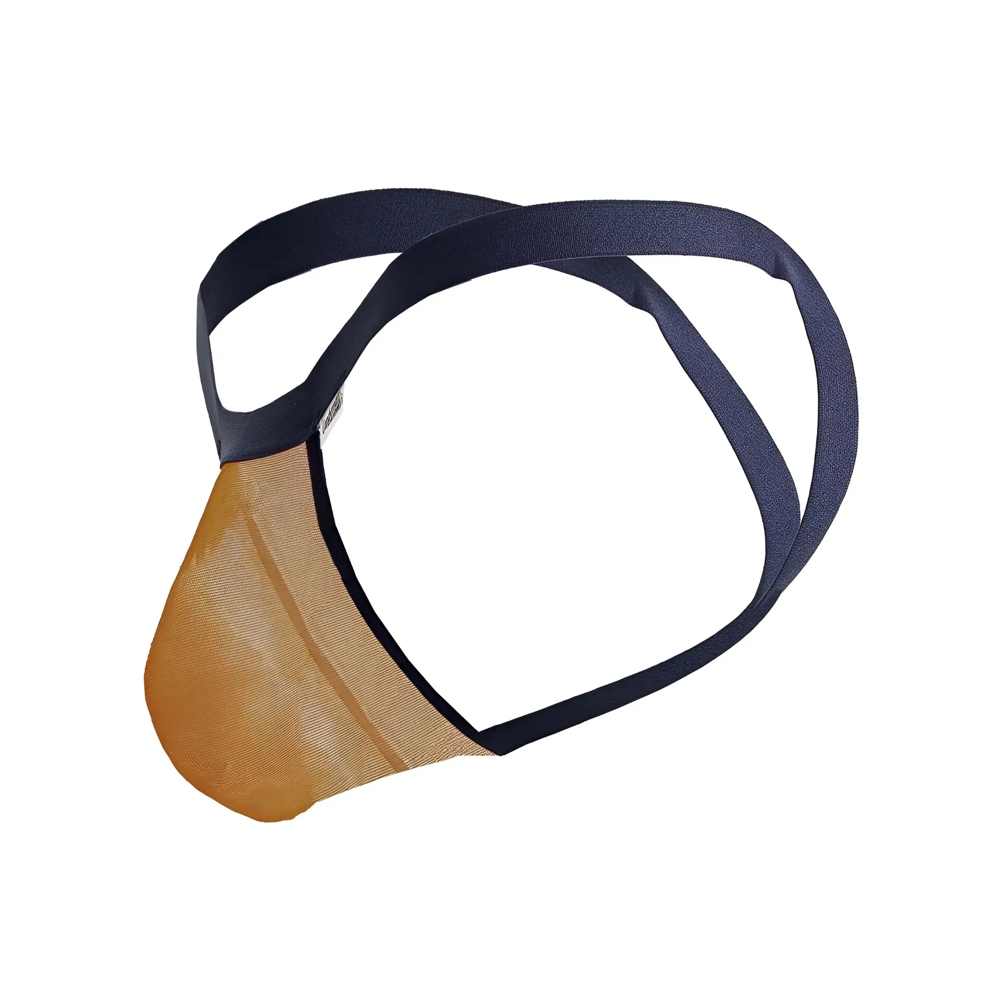 A candy man 99841 mesh thong in orange features a tan mesh front panel and black elastic straps for men