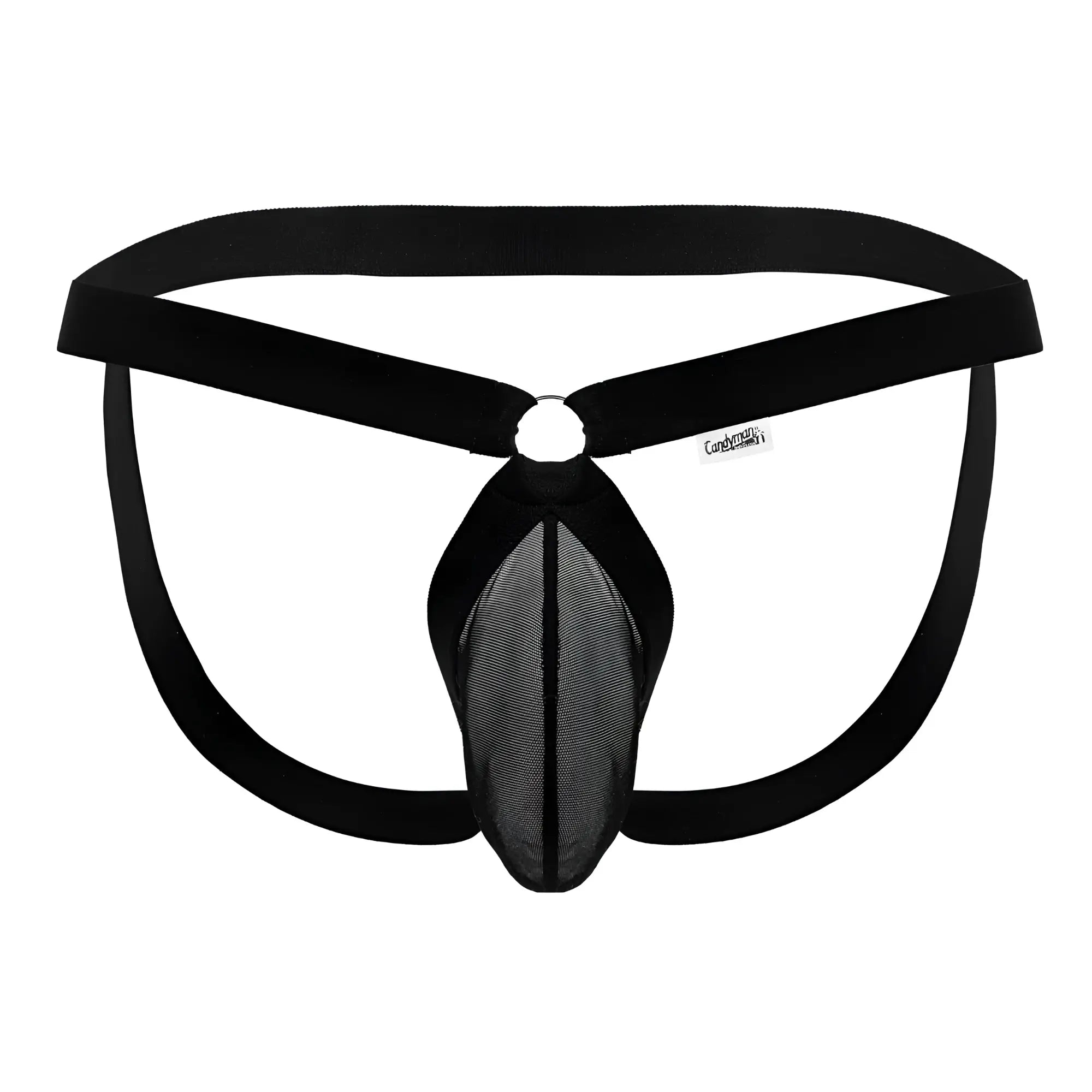Black mesh thong with solid black elastic waistband and leg straps from CandyMan 99842 mesh jockstrap collection