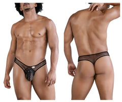 Black CandyMan 99843 fishnet thong with central pouch and reinforced waistband made of mesh material