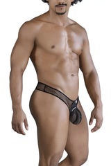 Black mesh CandyMan 99843 fishnet thong with a circular pouch detail showing the front side view